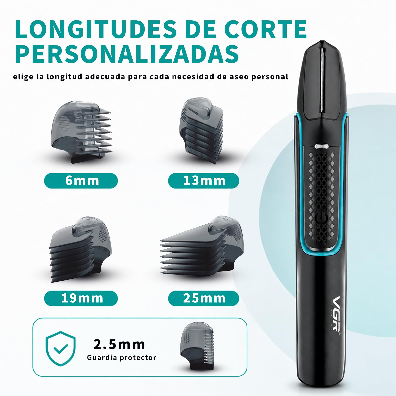 VGR 602 Afeitadora Corporal para Hombre, Cabezal en V, Extensible, IPX6 | Body Groomer con Diseño de Varillas Extensibles, Recortador con 4 Accesorios, Carga USB
