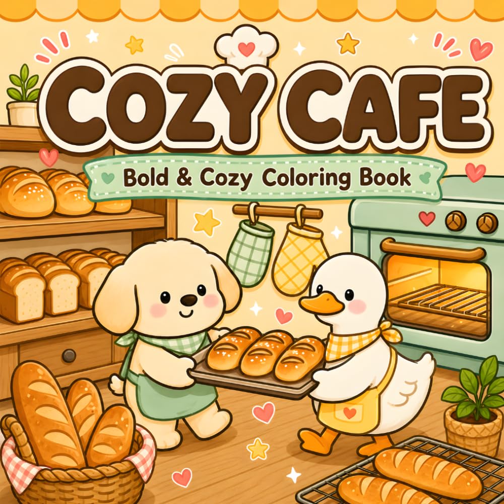 Cozy Cafe Coloring Book: 45 Unique Bold and Cozy Pages with Cute Animals, Sweet Desserts, Warm Drinks, and Cozy Bakery Fun