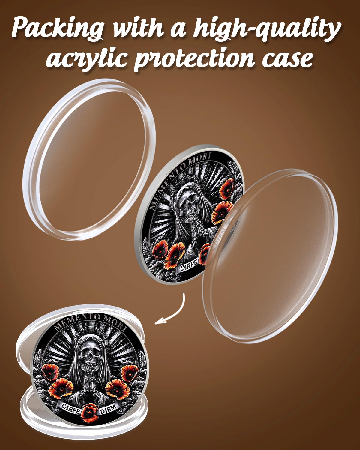 ACGZQY Memento Mori Coin, Skull Tree of Life Memento Vivere Coin, Poppy Flower Stoic EDC Challenge Coin for Daily Practice - Image 4