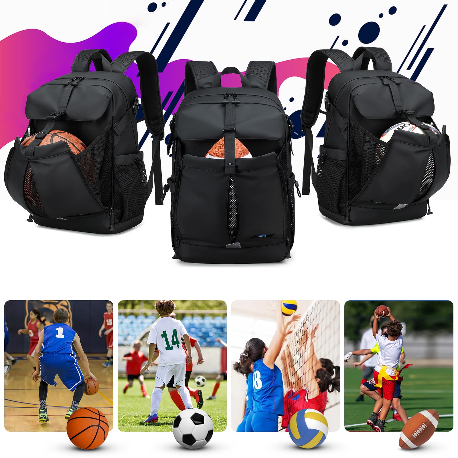 Basketball Fußball Rucksack mit Schuhfach und Ballfach, große Sportrucksack Herren Damen Wasserfest Sportausrüstungstasche für Basketball Volleyball Fußball