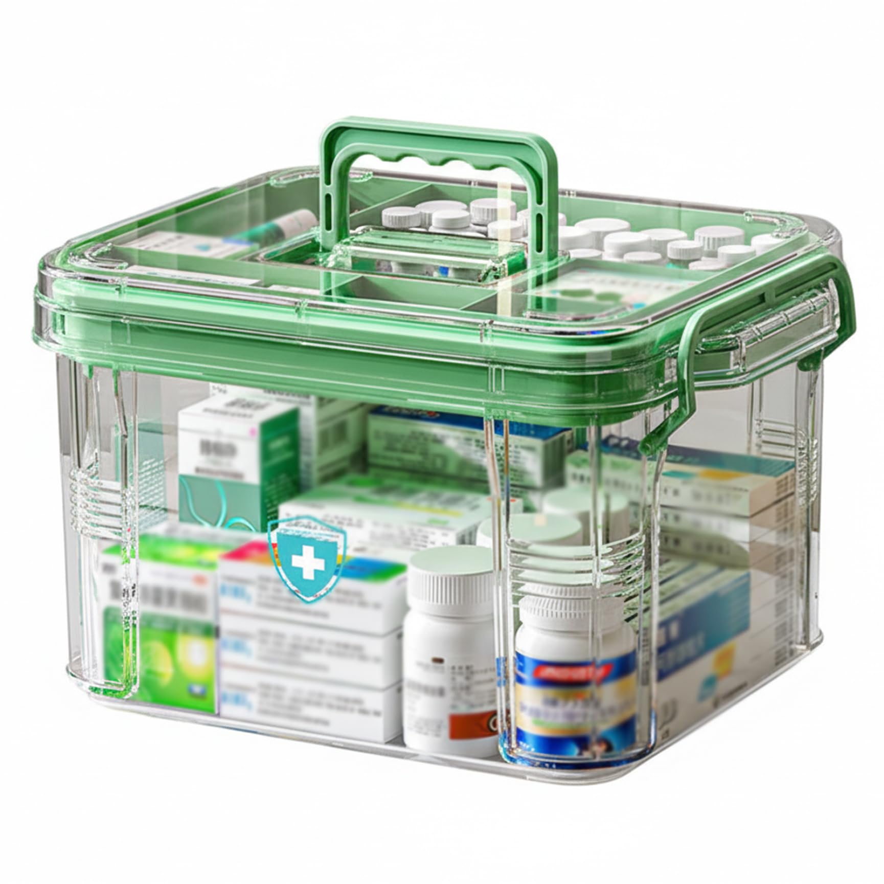 Xoeryoy Medicine Box, Large Medicine Storage Box, Transparent Green First Aid With Double-layer Compartments, Lockable Medication Organizer For Home Use