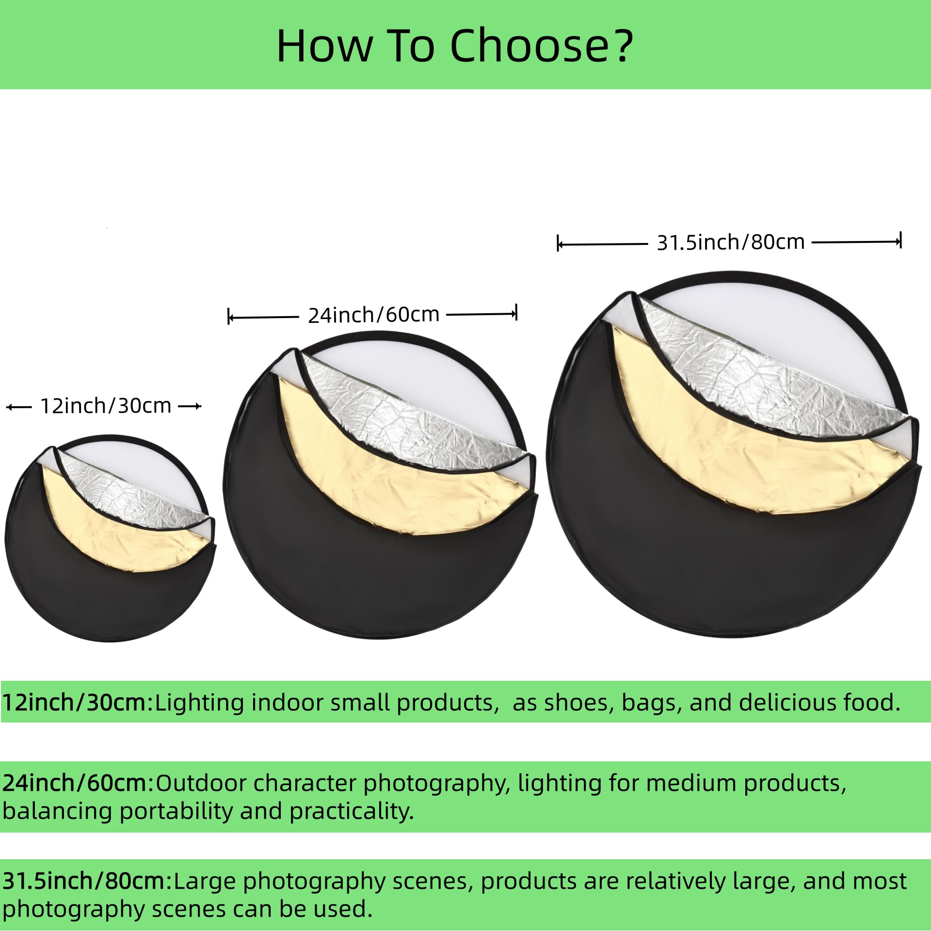 5-in-1 Photography Reflector 24"(60cm), Multi-Disc Collapsible Light Reflector with Bag - Super Portable for Studio/Macro Photography - Translucent, Silver, Gold, White and Black