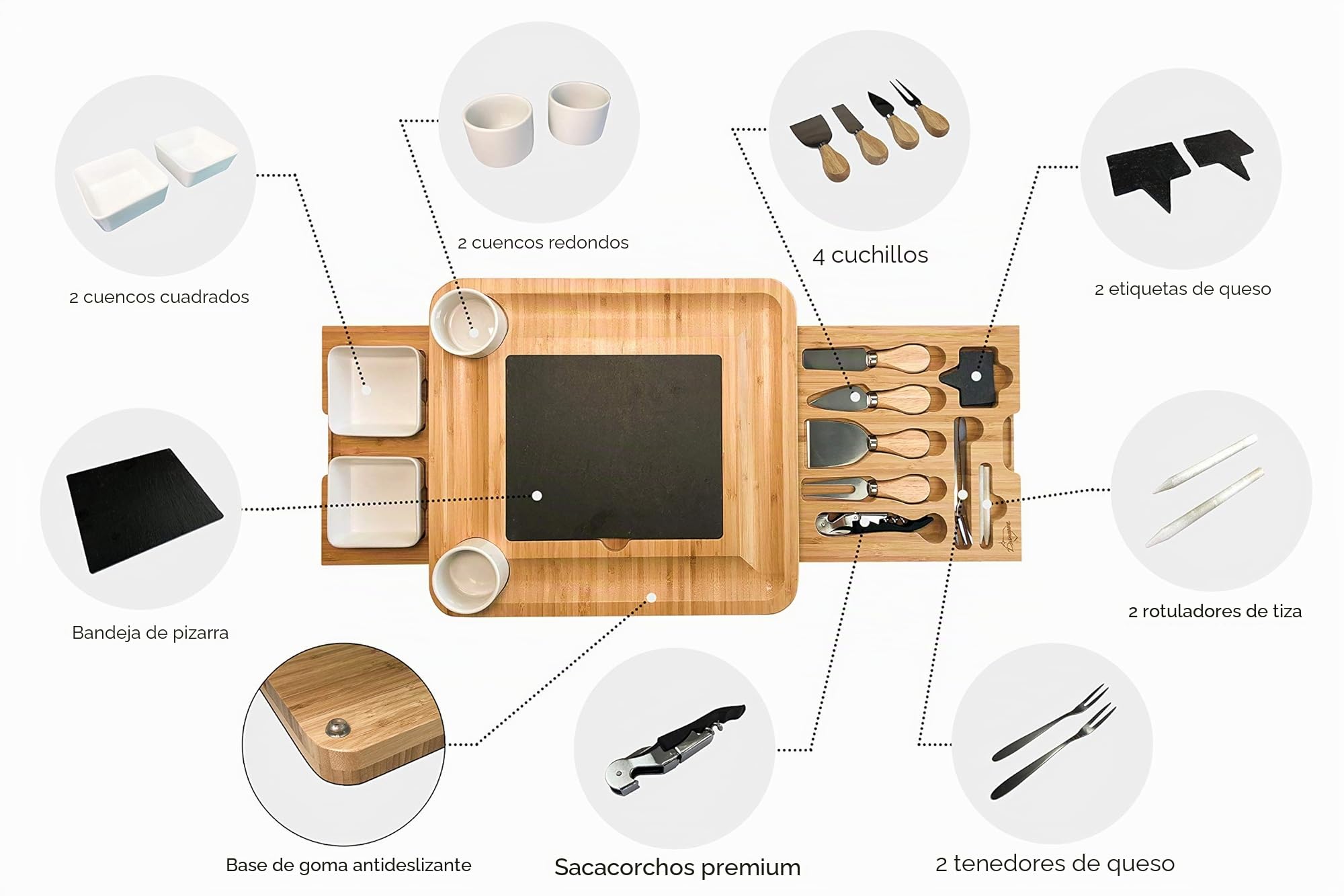 Set Tabla de Queso de Bambú y Cuchillos, Cuencos de Cerámica y Abrebotellas – Bandeja Queso 100% Madera Orgánica, Tabla Charcutería