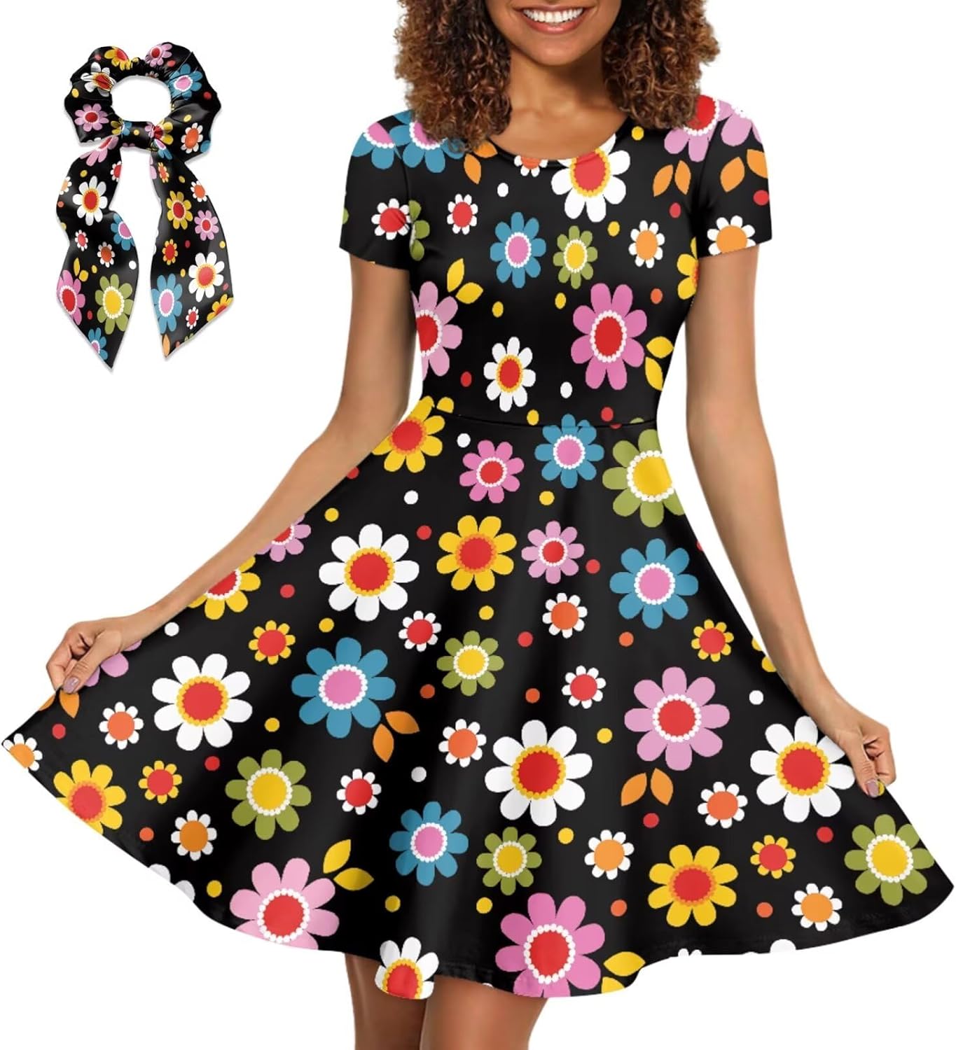 POLERO Hippie Womens Summer Dresses Midi Short Sleeve Casual Sundress with Hair Scrunchies