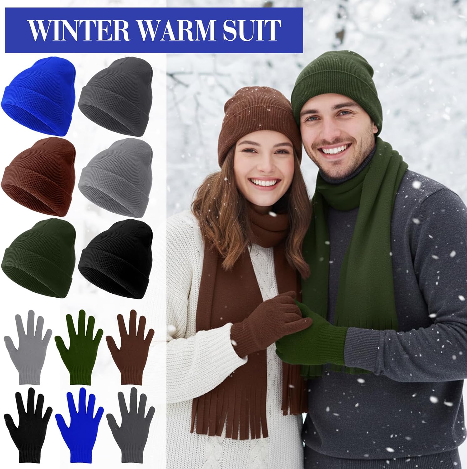Suhine 48個 ホームレスケアパッケージ用品 バルク 冬 暖かい手袋 ビーニー スカーフ 巾着袋 男女兼用