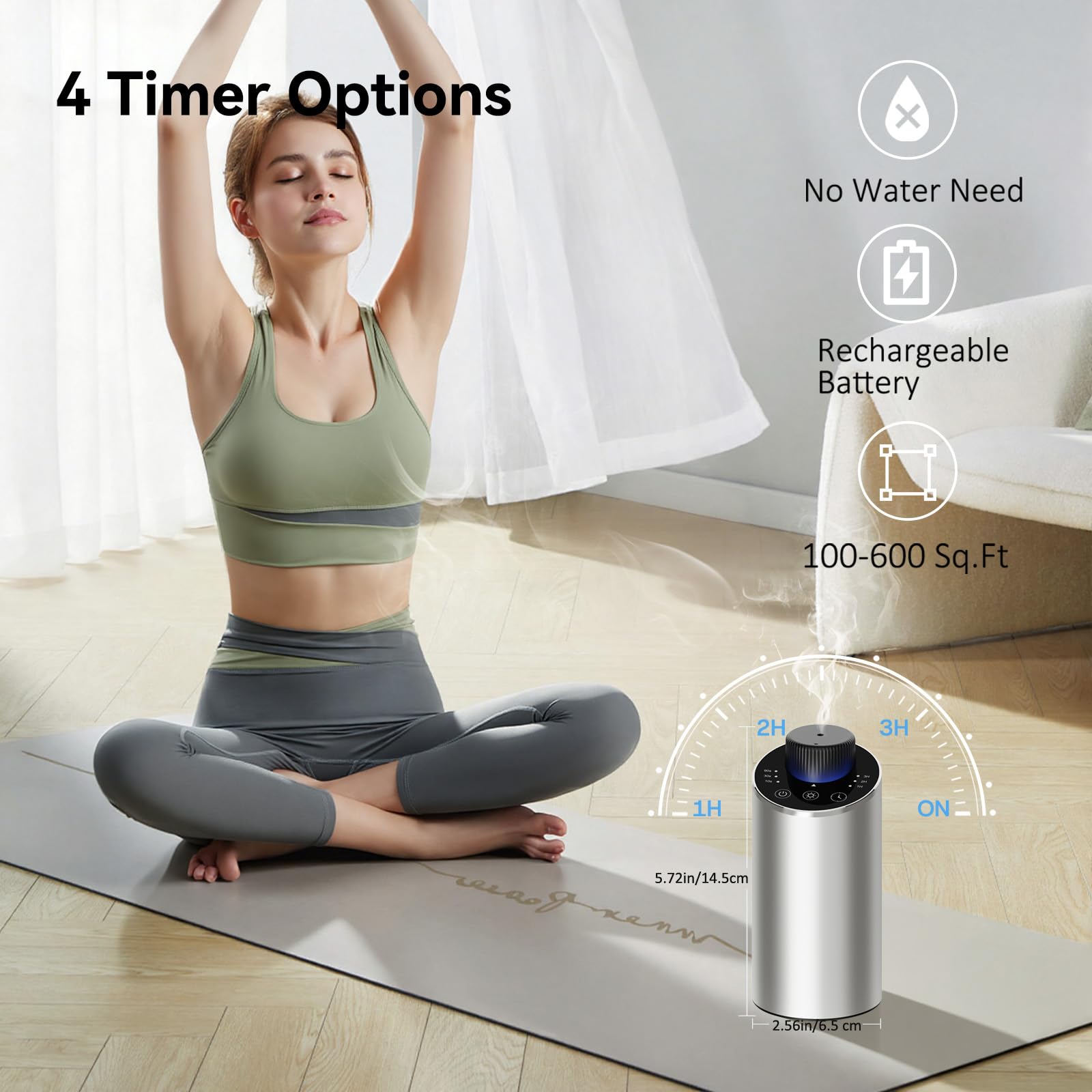 Diffusore oli essenziali, Diffusore di oli essenziali per Auto,Ufficio, Casa, Mini diffusore di aroma batteria, 4 timer e 3 livelli di nebbia (Argento)