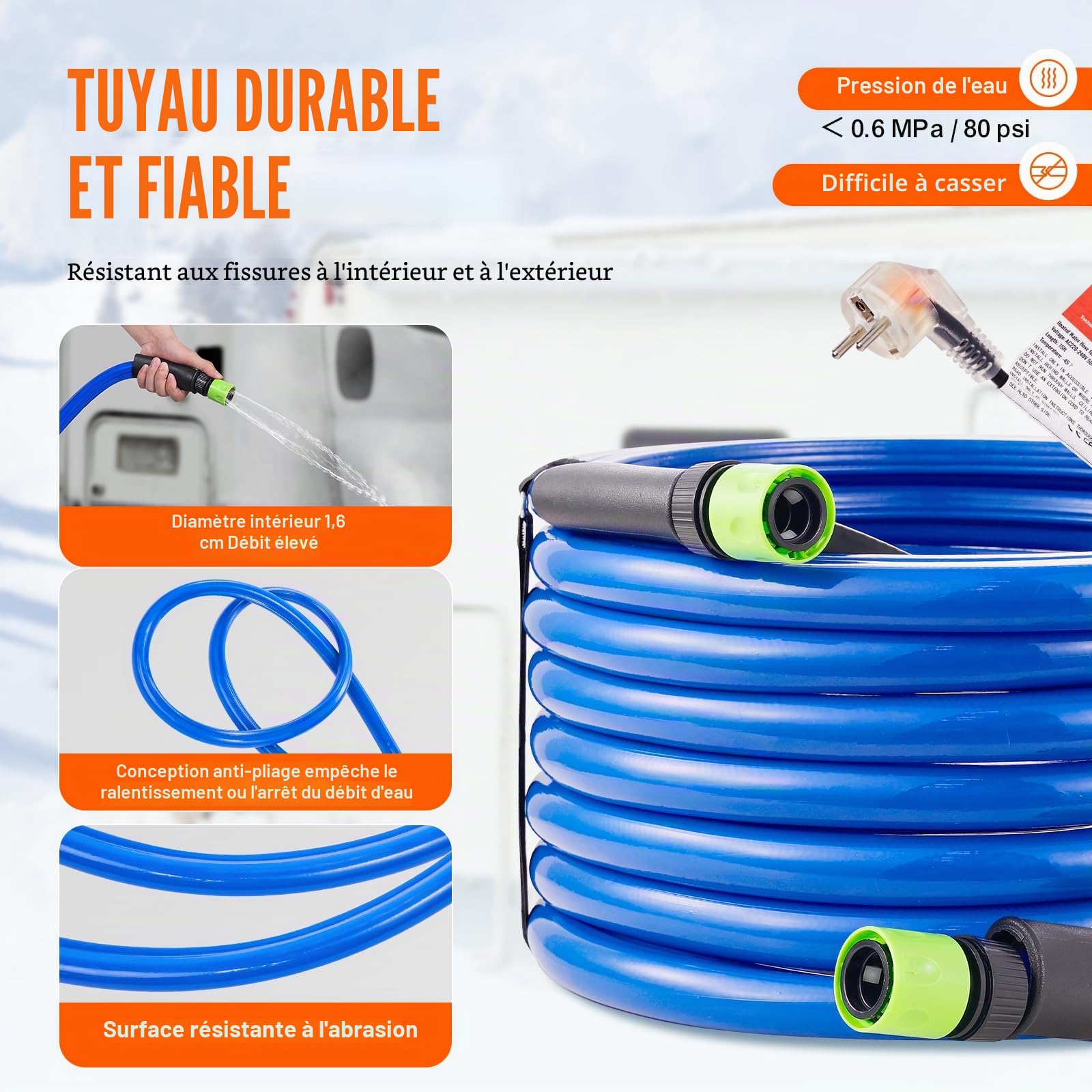 VEVOR Tuyau d'Eau Chauffant 7,6 m pour Camping-car, Tuyau d'Eau Potable Antigel jusqu'à -42,7 ℃, Autorégulation Automatique, Diamètre Intérieur de 16 mm avec Raccords Rapides, sans Plomb et sans BPA