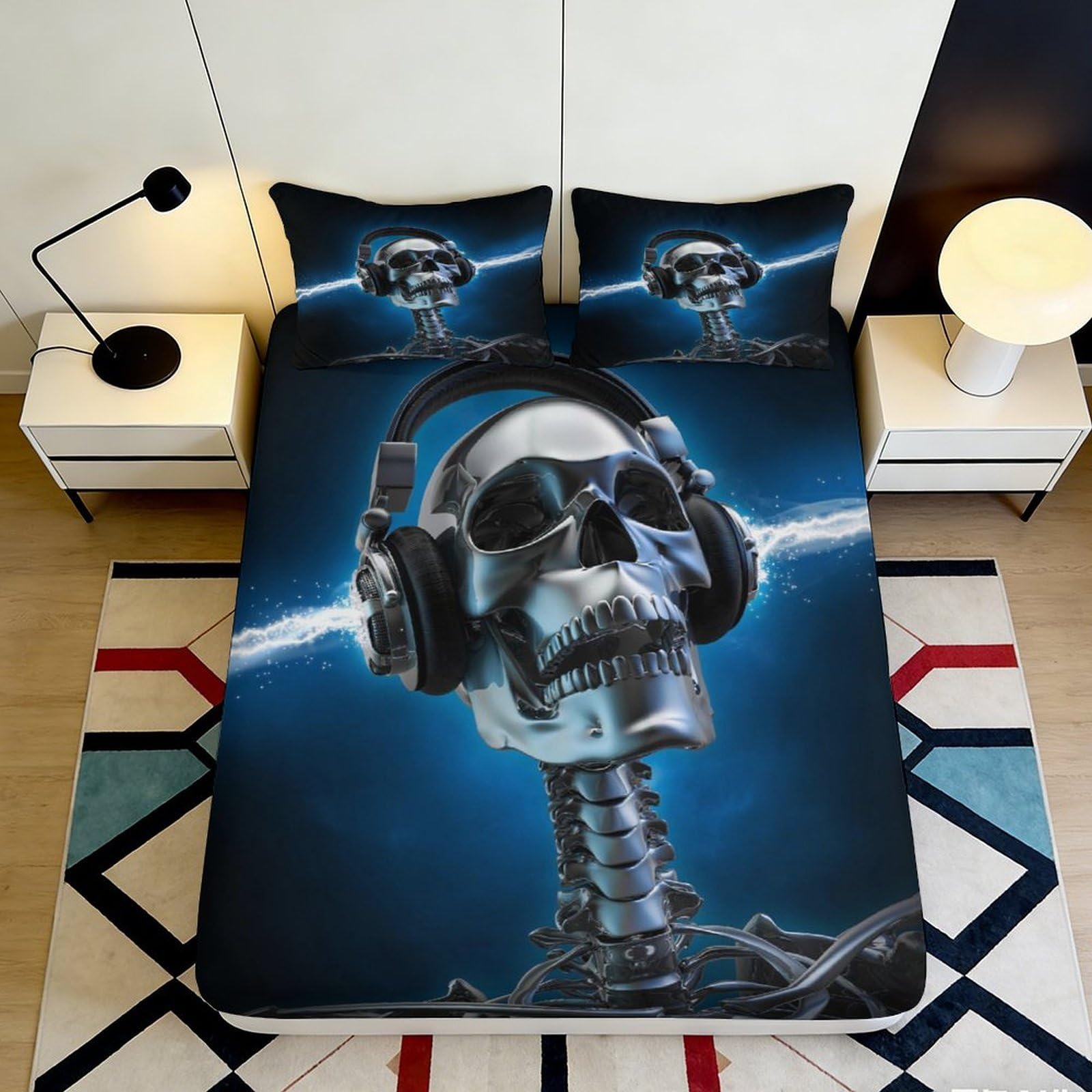 3D Printed Skull Headphones Fitted Sheet Microfiber Soft Breathable Lightning Bed Cover for Bedroom Decor Mattress Protection 90x200x25cm