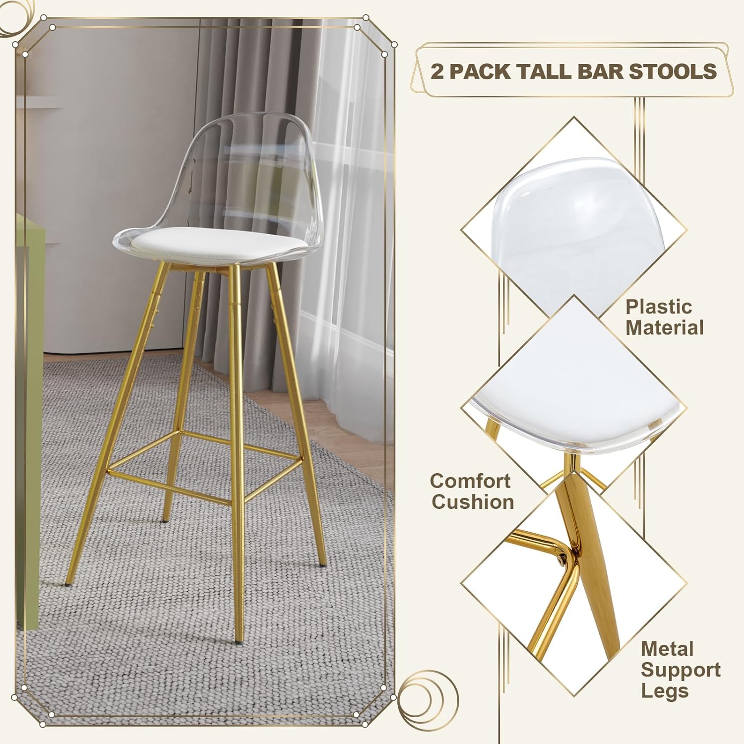 Small Clear Bar Stools Set of 2 Up to 180 Lbs, Modern Tall Bar Stool with 4 Sturdy Metal Legs, Acrylic Bar Stool with Clear Back, Small Size Pu Cushion, for Bar, Kitchen - Gold
