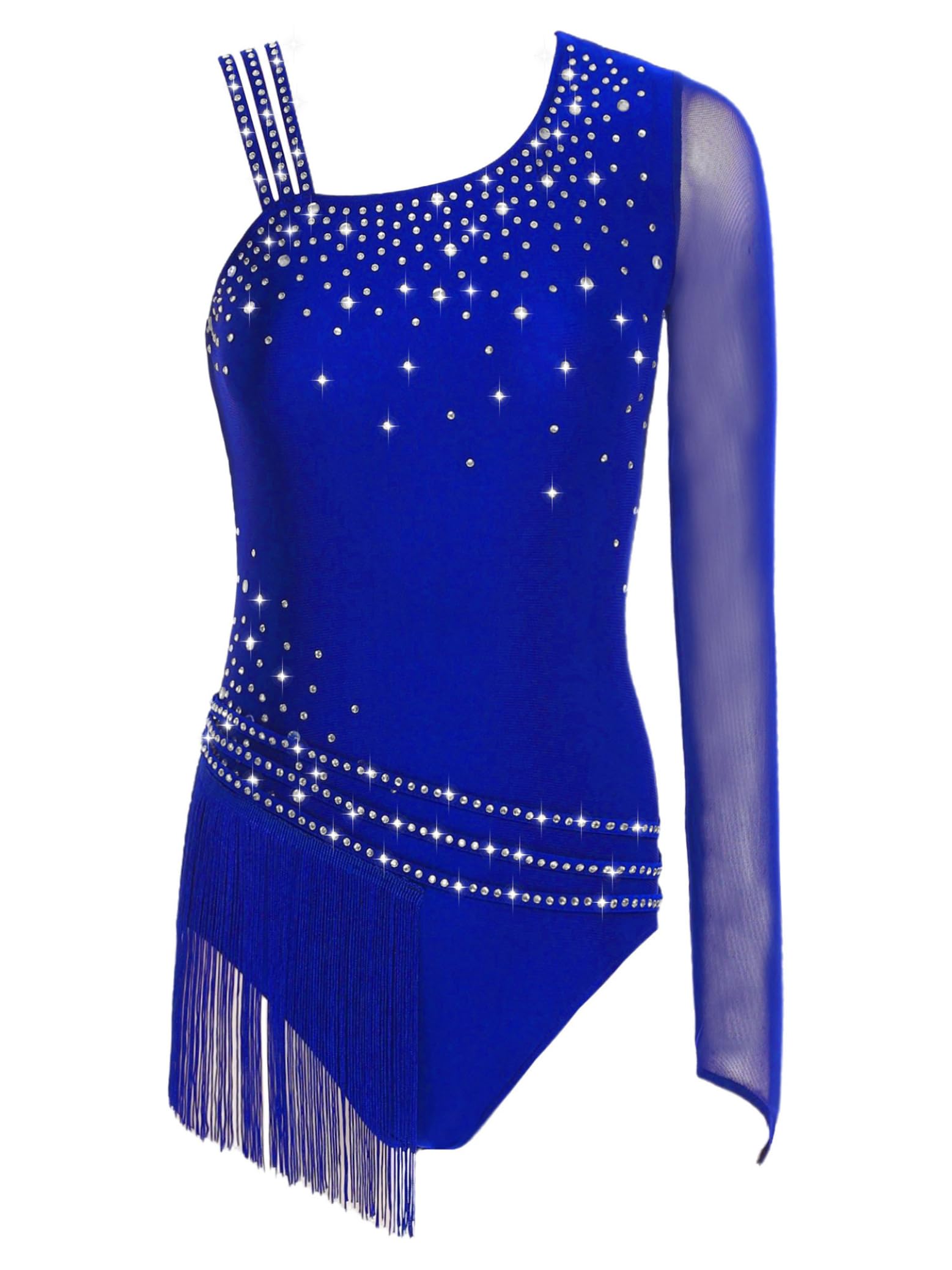 Baile Latino Mujer Maillot con Flecos de Patinaje Artístico Leotardo Gimnasia Manga Larga un Solo Hombro Competencias