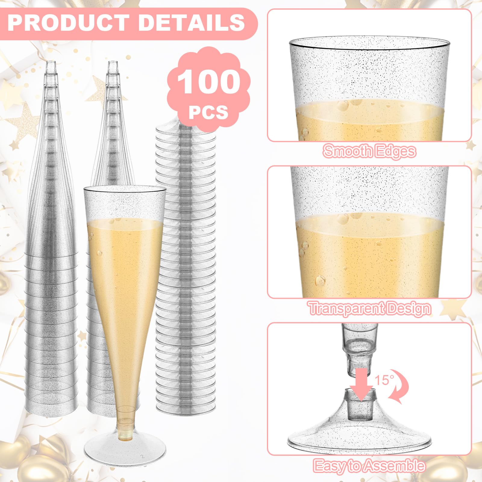 AKOLAFE 100 Piezas Copas Plástico Duro, Copas de Plástico para Champan 4,5 oz, Flautas con Purpurina Plateada y Base Desmontable para Cava, Bodas y Fiestas