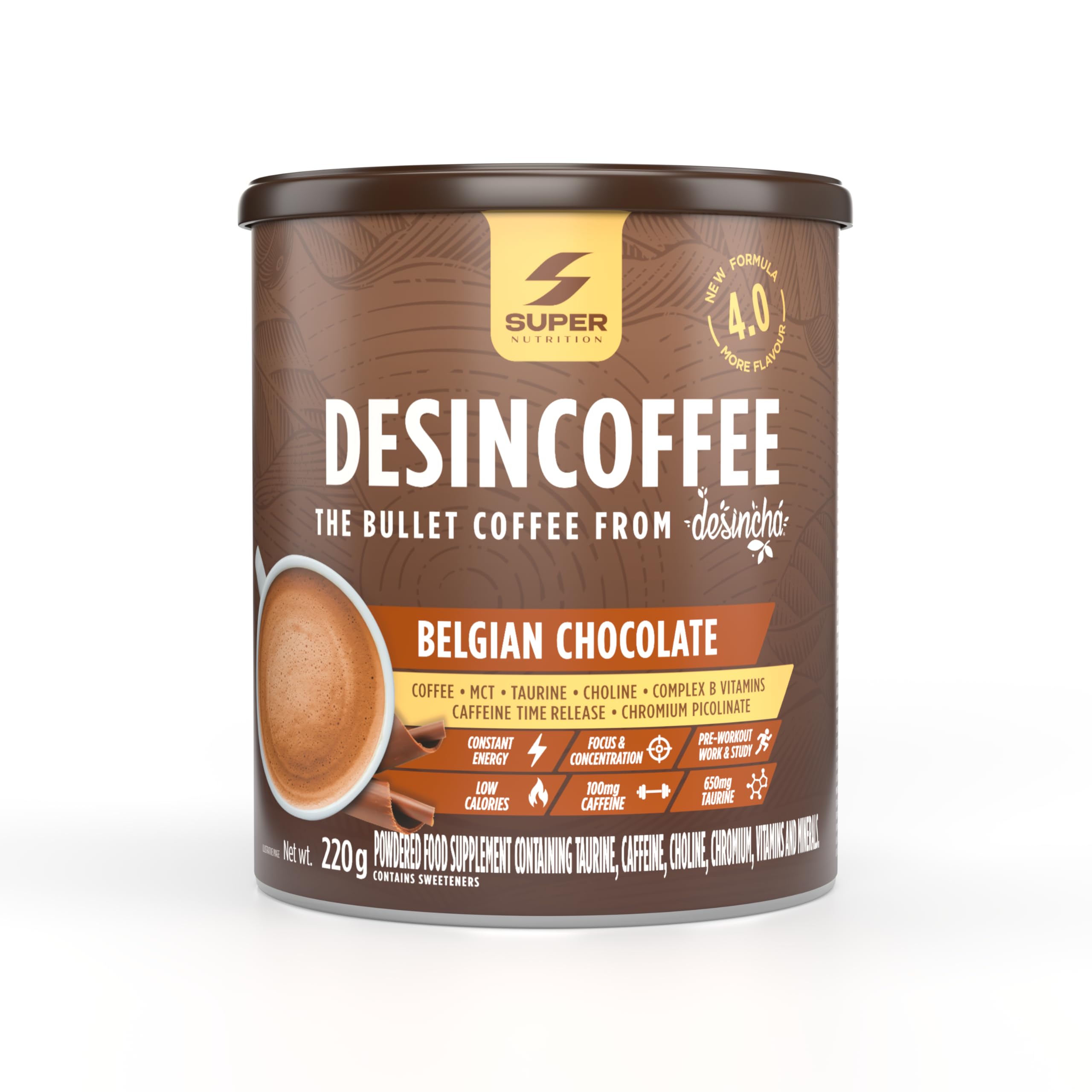 Desincoffee SuperCafé Sin Azúcar | Bebida de café con TCM, vitaminas y cafeína de liberación lenta | Energía sin nerviosismo para el pre-​entrenamiento - Sabor Chocolate Belga