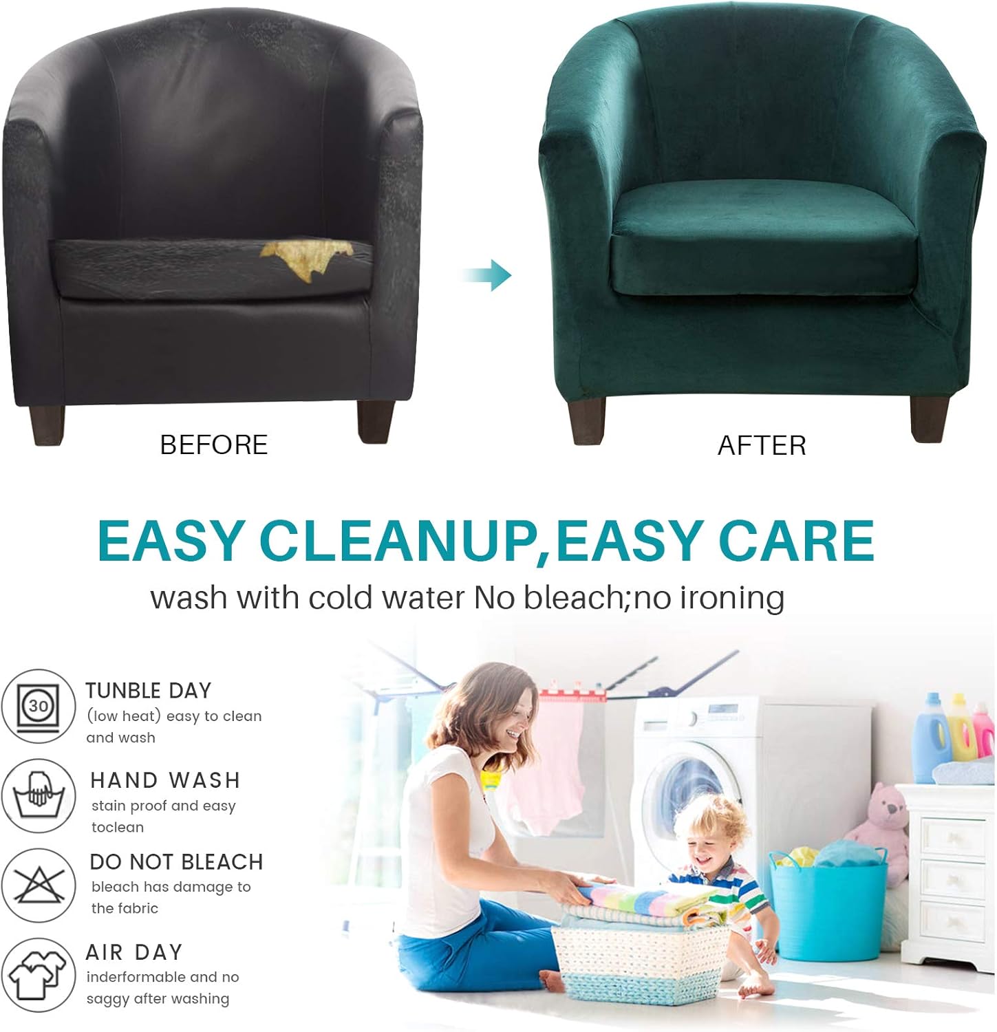 Tub Chair Slipcover 2-Piece Velvet Stretch Barrel Club Chair Covers with Cushion Cover Soft Washable Armchair Sofa Couch Furniture Protector for Living Room Counter Hotel (Emerald Green)