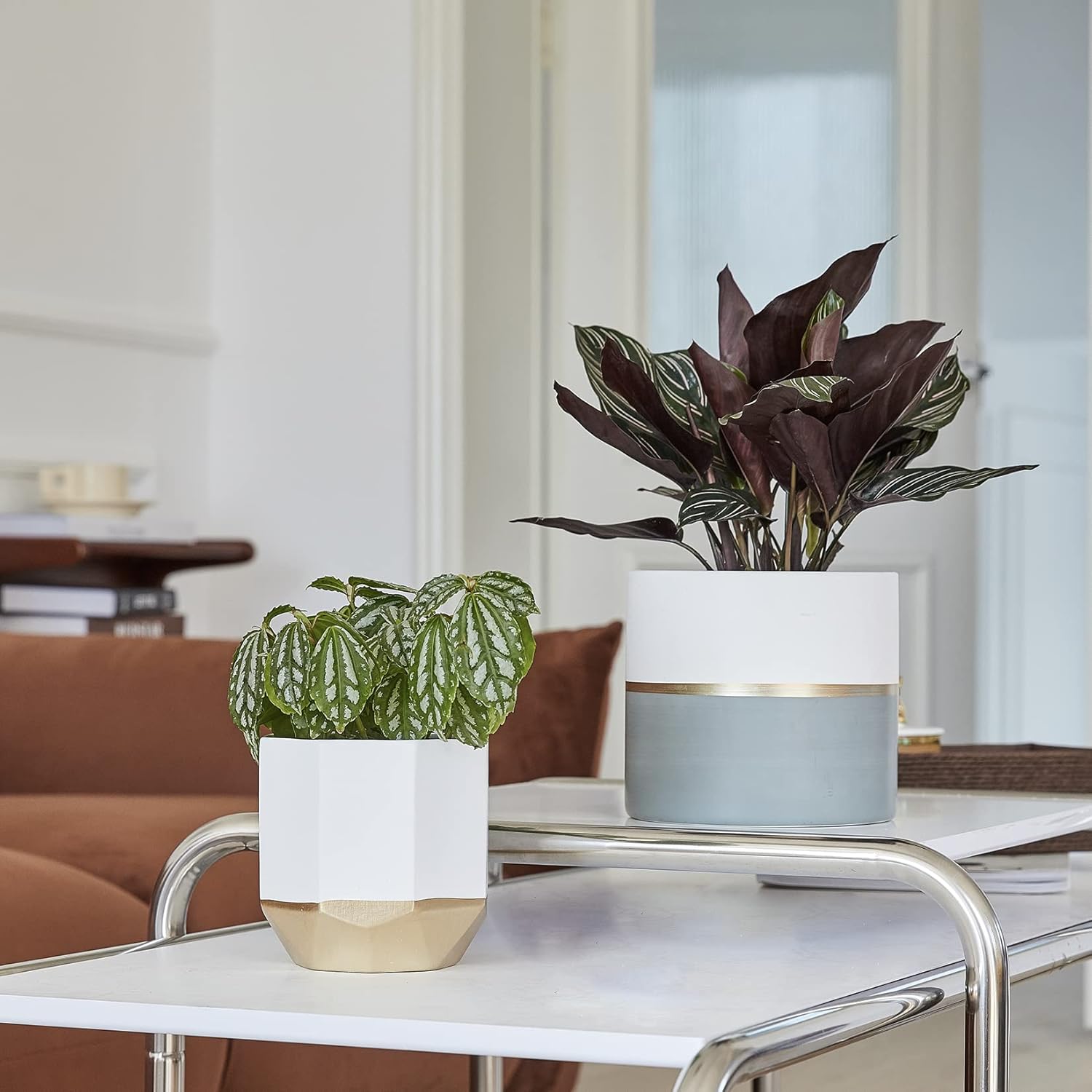 LA JOLIE MUSE White Ceramic Flower Pot Garden Planters 6.7 Inch Pack 2 Indoor Plant Containers with Gold and Grey Detailing : Patio, Lawn & Garden