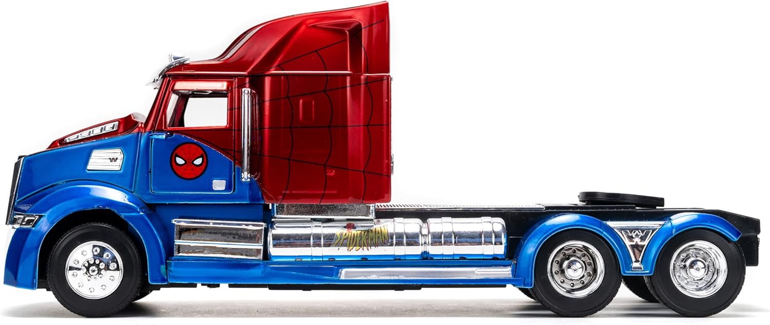 Jada Spider-Man Western Star 5700 XE Big Rig - Die-Cast Vehicle - 1:24 Scale, Opening Doors, Chrome Finishes, Rubber Tires - Hollywood Rides Marvel Series - Ages 8+ - Red/Blue