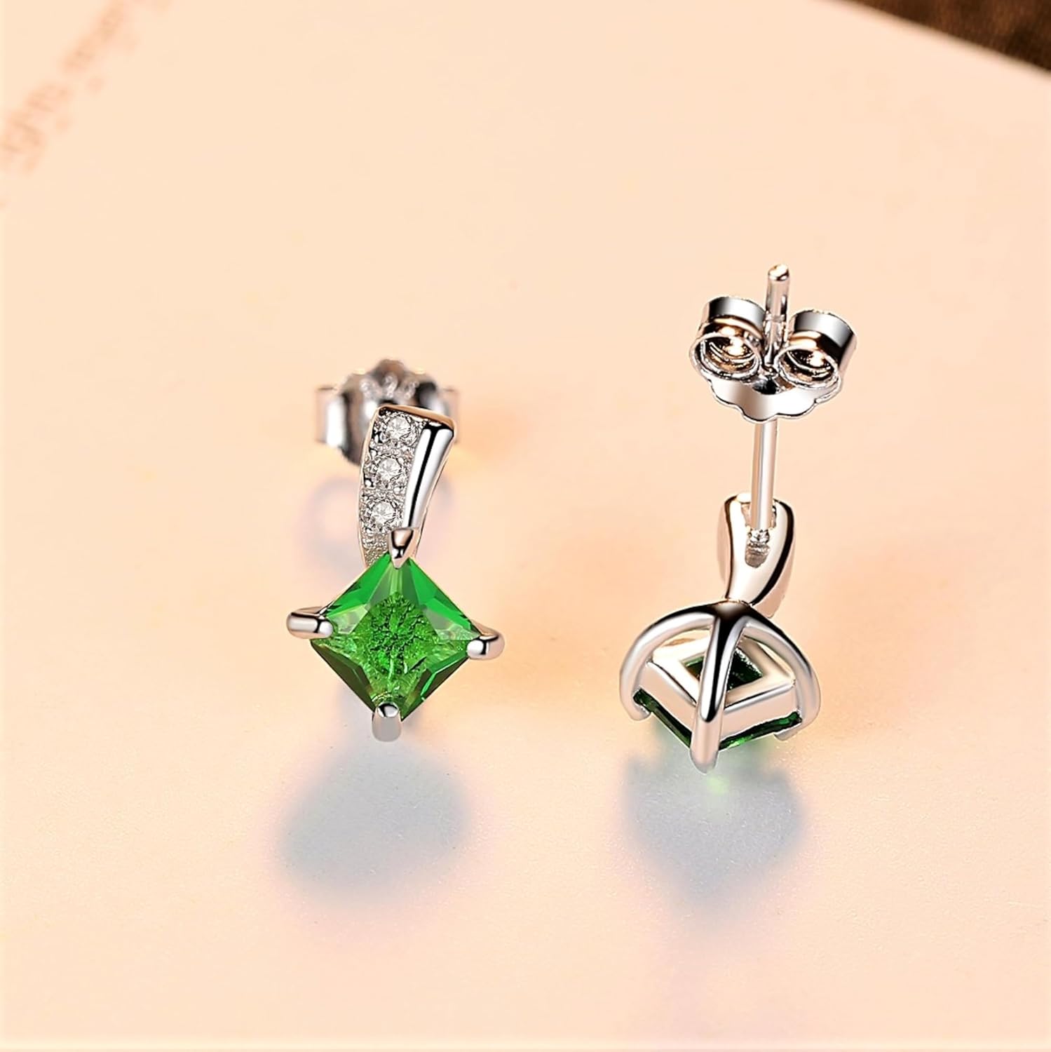 Hypoallergenic Gemstone Stud Earrings, 925 Sterling Silver Brilliant Emerald & CZ Diamond Earrings, Posts Nickel Free, Princess Earrings Green Color for Women Wife Mother - Image 6