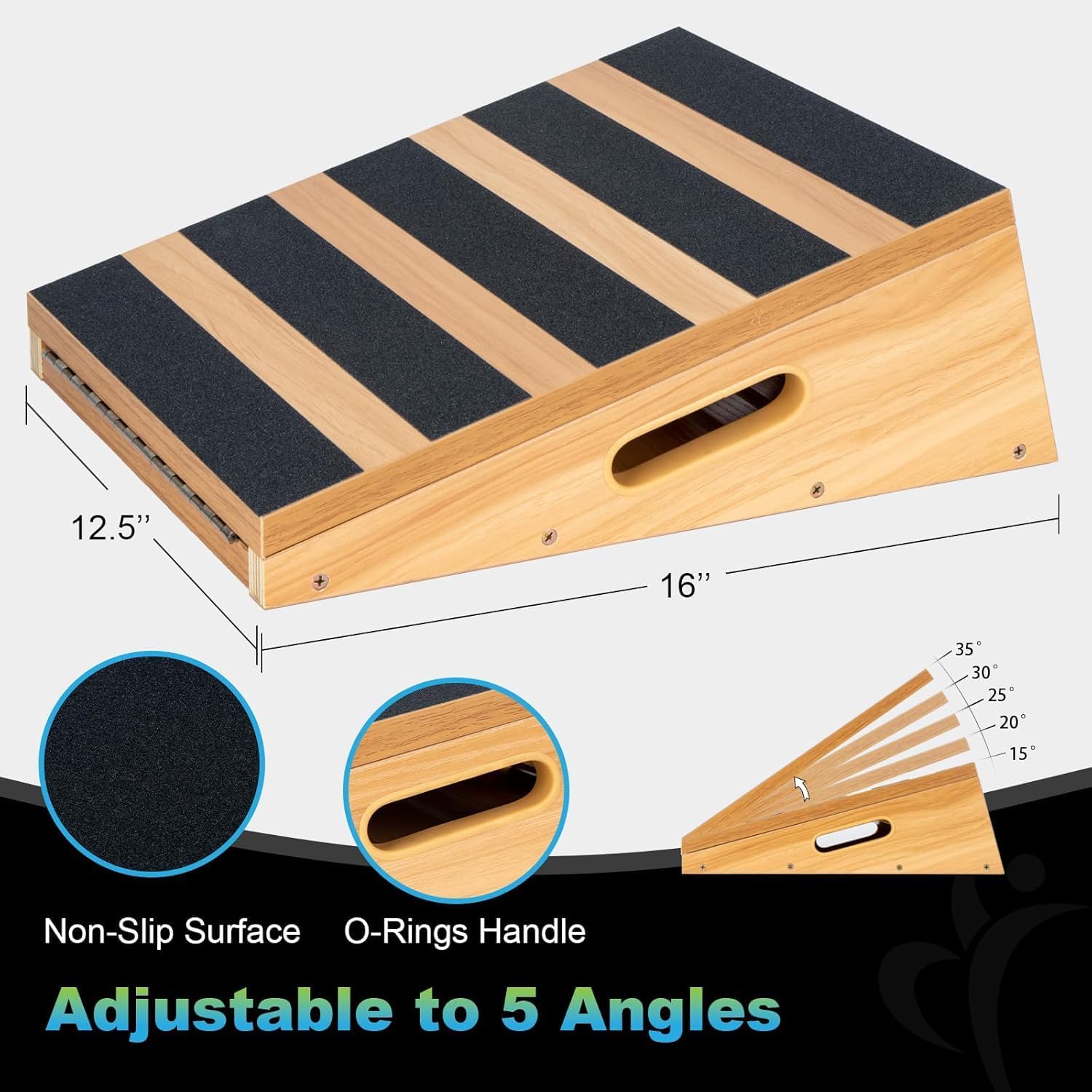 StrongTek Wooden Slant Board 5 Adjustable Angles 500 lb Side Handle | Partial-Coverage Grip Surface Calf and Ankle Stretching Squats Physical Therapy Rehab and Home Gym Use product thumbnail 4