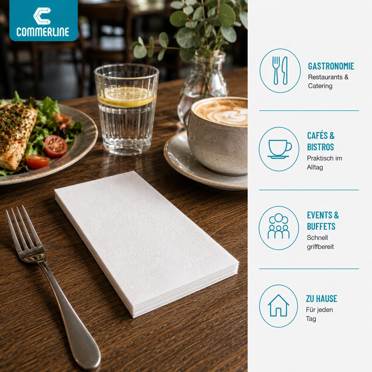 Commerline Servilletas de Papel | 4000 Unidades | 21x16 cm, 2 Capas | Suaves y Absorbentes | Servilletas Desechables con Pliegue en V | Ideal para Dispensadores | Blanco Puro