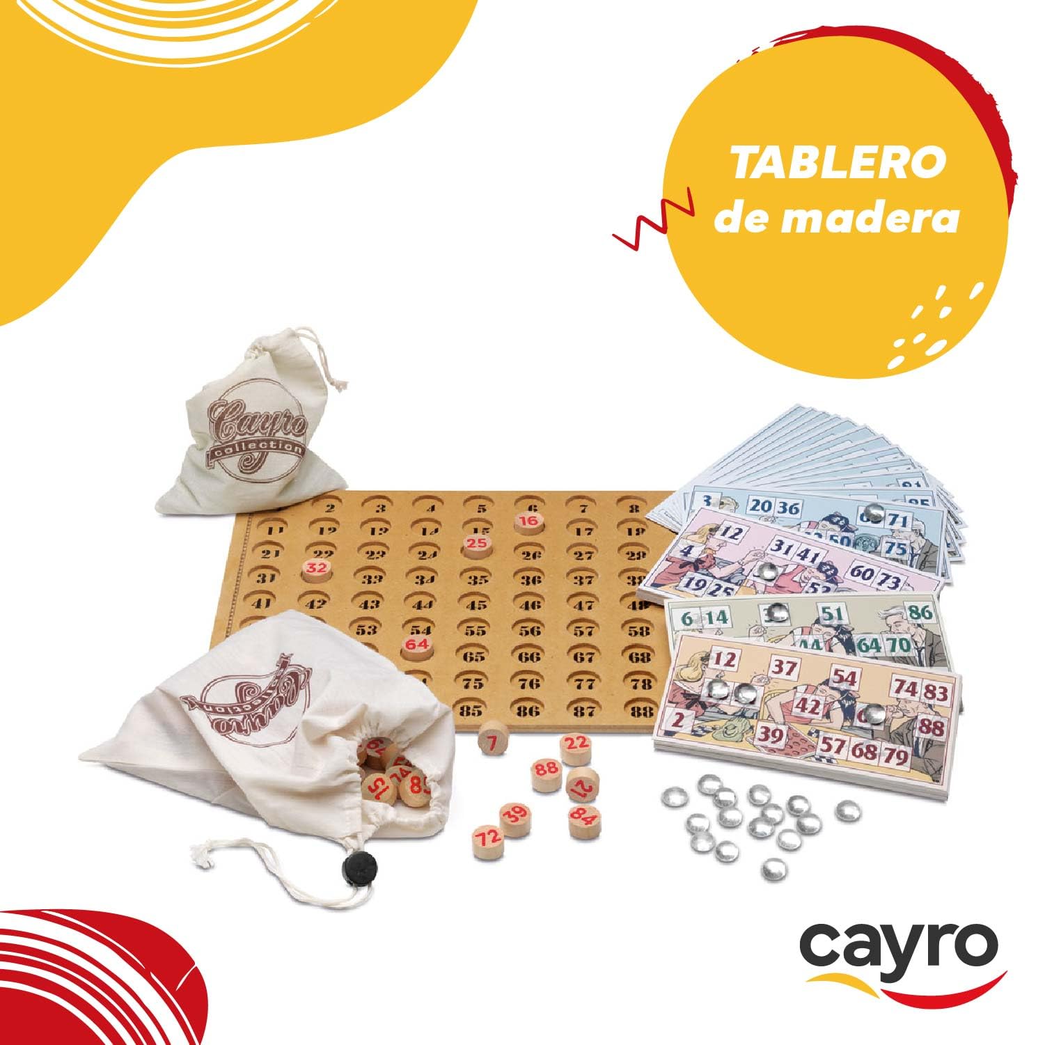 Cayro – Lotterie – ab 8 Jahren – Holzbrett und Zahlen – klassisches Brettspiel für Kinder und Erwachsene – Retro-Box und 1 Stoffbeutel – 2 bis 8 Spieler