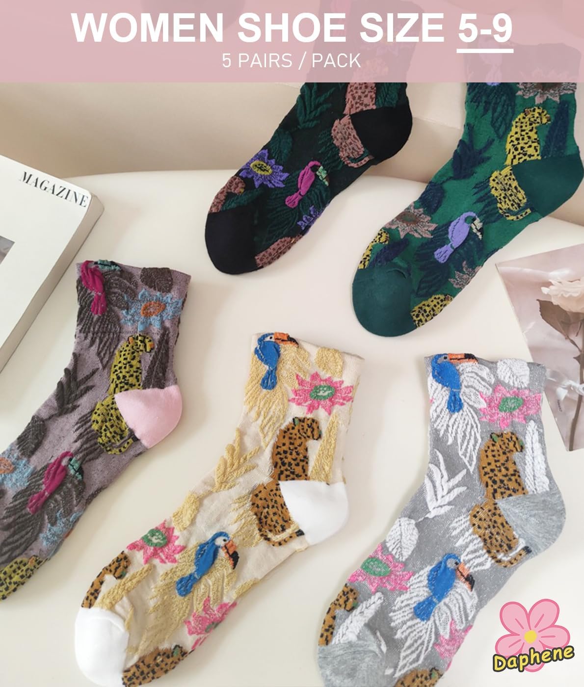 Daphene Womens Retro Floral Socks | Cozy Cotton Vintage Jacquard Patterns | Stretch Breathable Skin-Friendly | Holiday Gift - Image 3