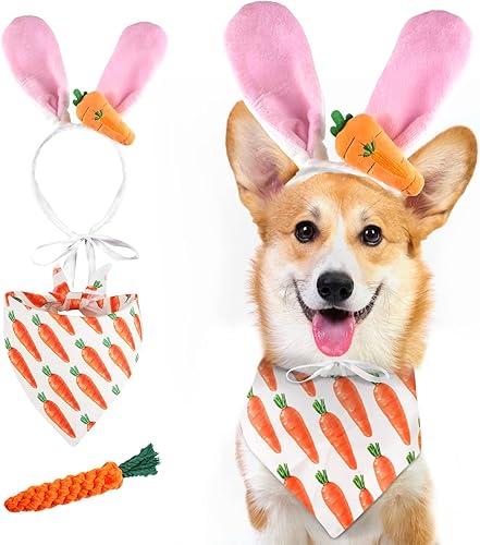 Maume Pañuelo de Pascua para perro, diadema de orejas de conejo para perro, tela lavable de primera calidad, baberos de zanahoria, duradero, juguete