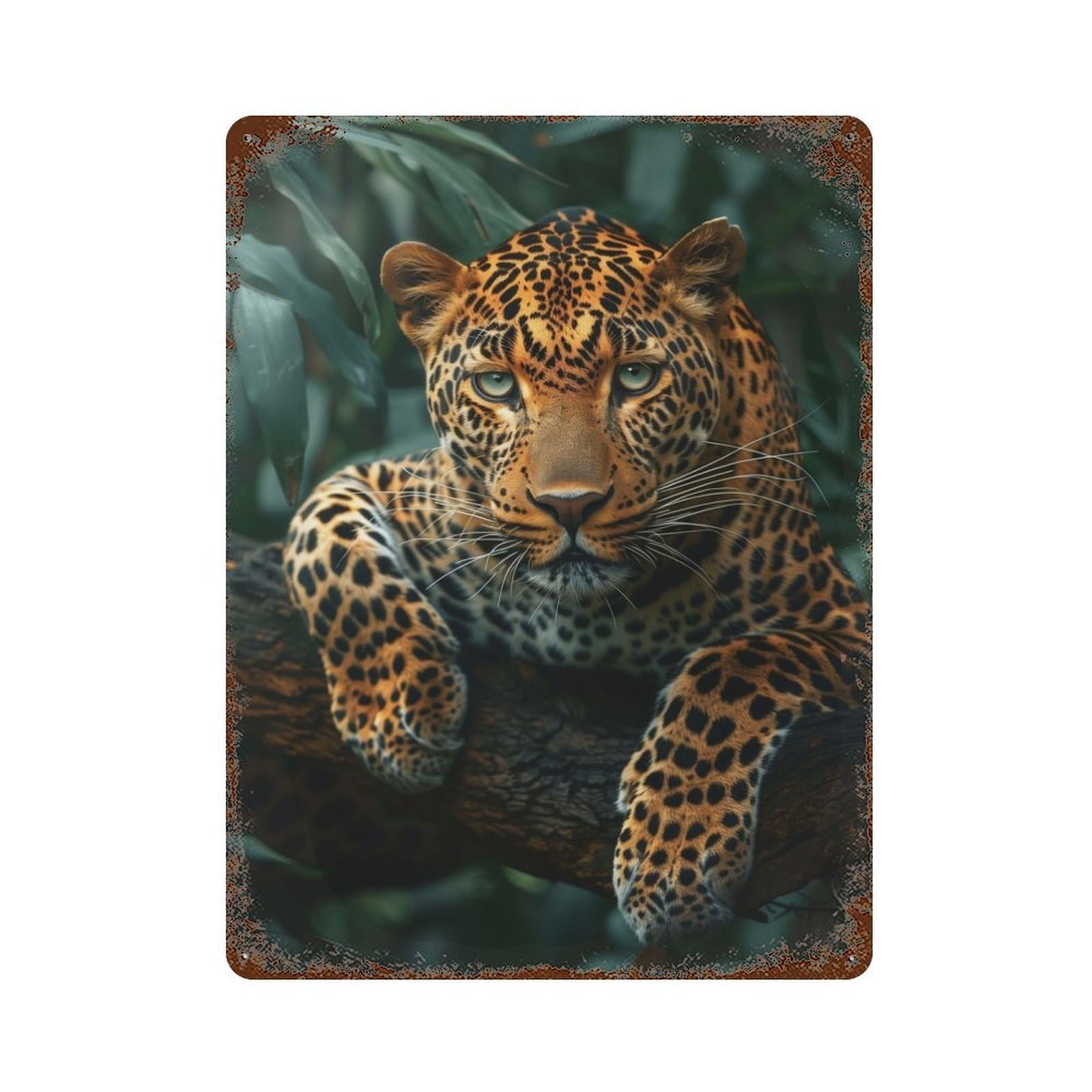 Jungle Leopard Vintage Wall Sign 15.7"x11.8", Rust Effect Metal Decor for Farmhouse, Kitchen And Entryway Decor