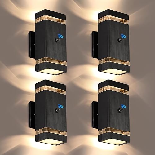 Miniatura 10 de Paquete de 4 lámparas de pared del anochecer al amanecer, modernas luces de pared para exteriores con bombillas LED, lámpara cilíndrica negra