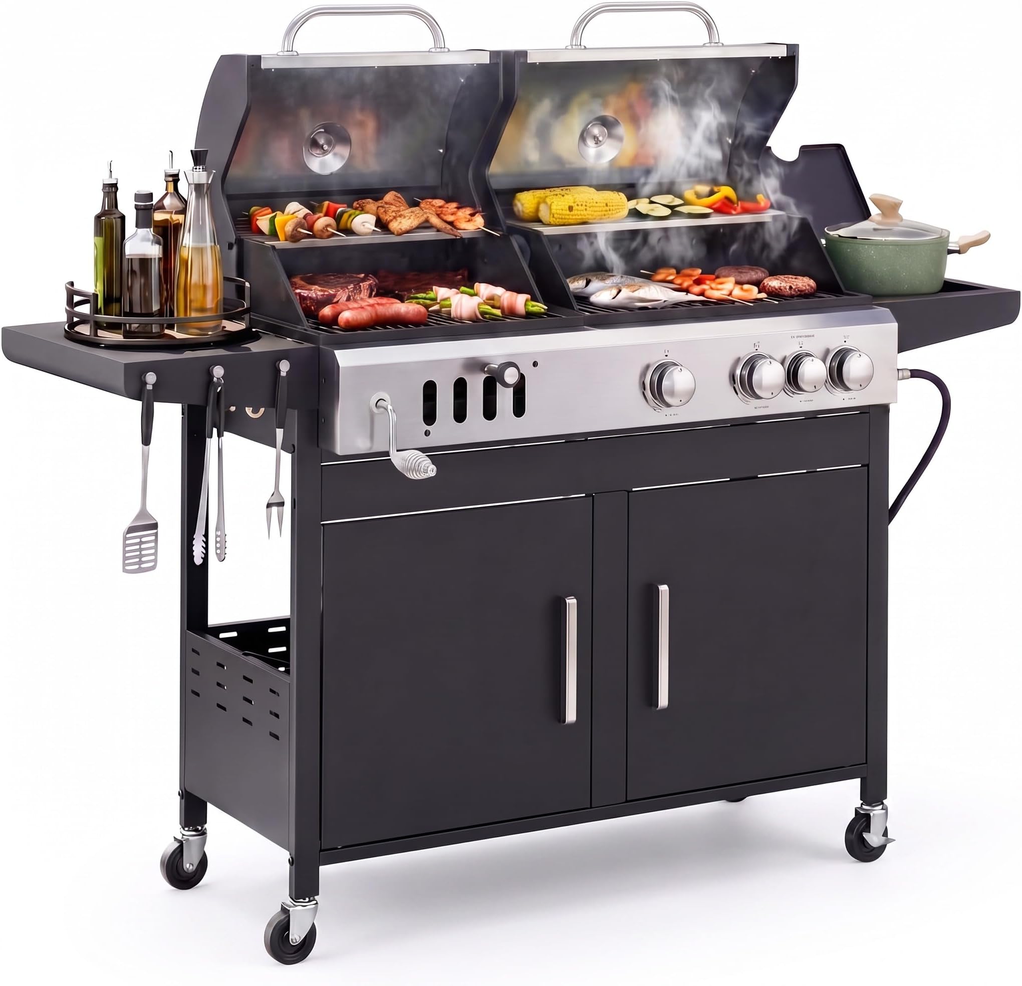 Sophia & William Charcoal and Gas Grill Combo with Side Burner, Dual Fuel | Propane BBQ Grill with Porcelain-Enameled Cast Iron Grate for Outdoor Cooking, Backyard, Patio, 690 SQIN Cooking Area, Black