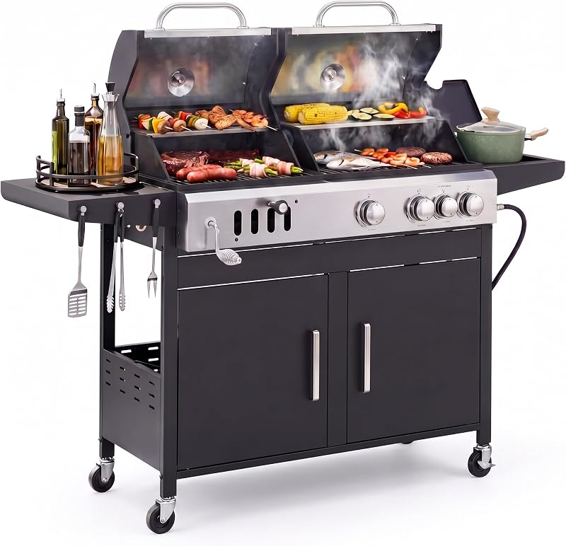 Sophia & William Charcoal and Gas Grill Combo with Side Burner, Dual Fuel | Propane BBQ Grill with Porcelain-Enameled Cast Iron Grate for Outdoor Cooking, Backyard, Patio, 690 SQIN Cooking Area, Black