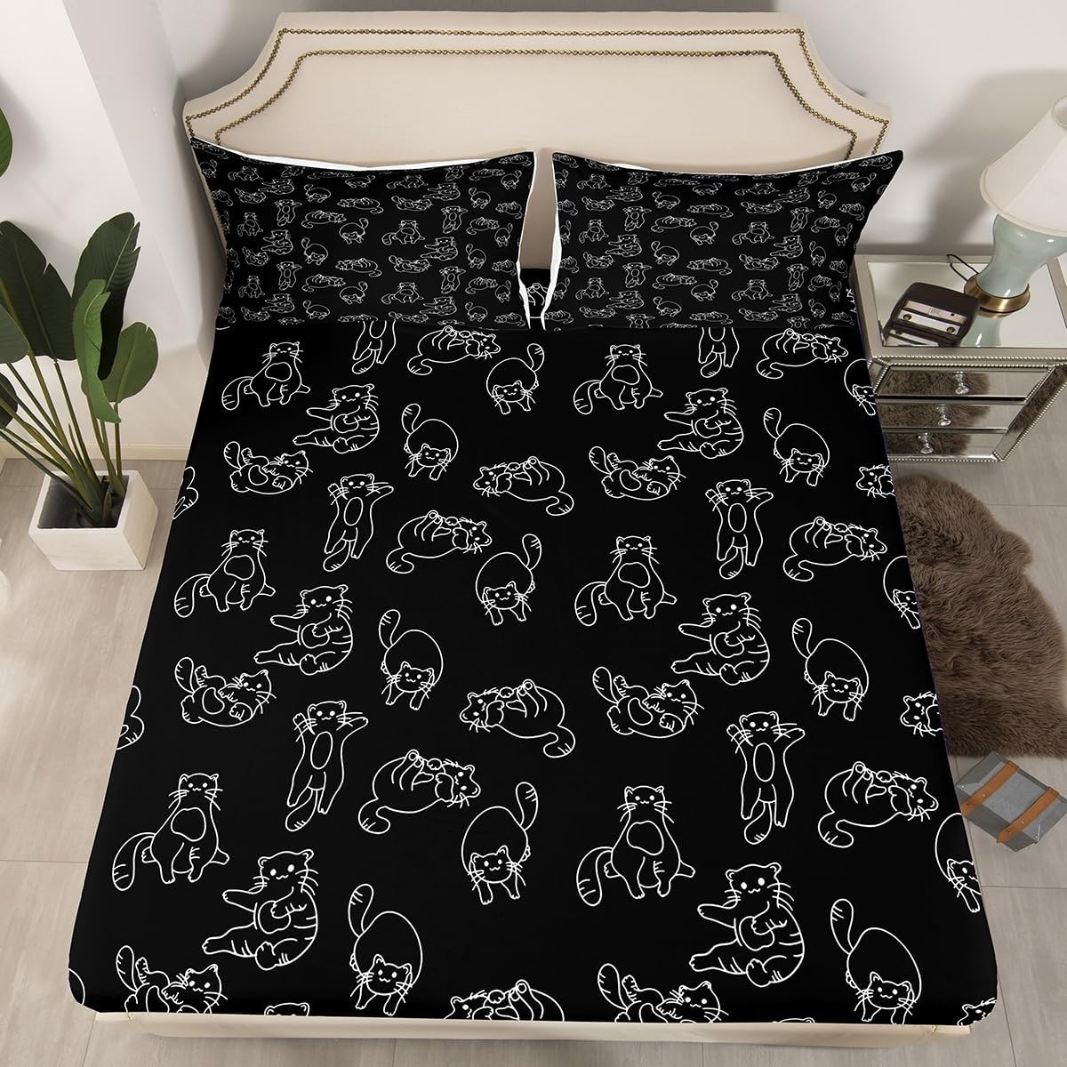 Cartoon Cat Bed Sheet Set Cute Pet Cats Kids Deep Pocket Fitted Sheet Animal Pattern Printed Bedding Set for Boys Room Decor Kitten Print Bed Cover Full Size with 2 Pillow Case