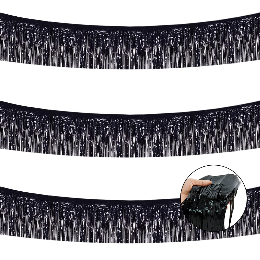 BEISHIDA Black Fringe Garland Banner 3Pack 30ft Wall Tinsel Foil Streamers