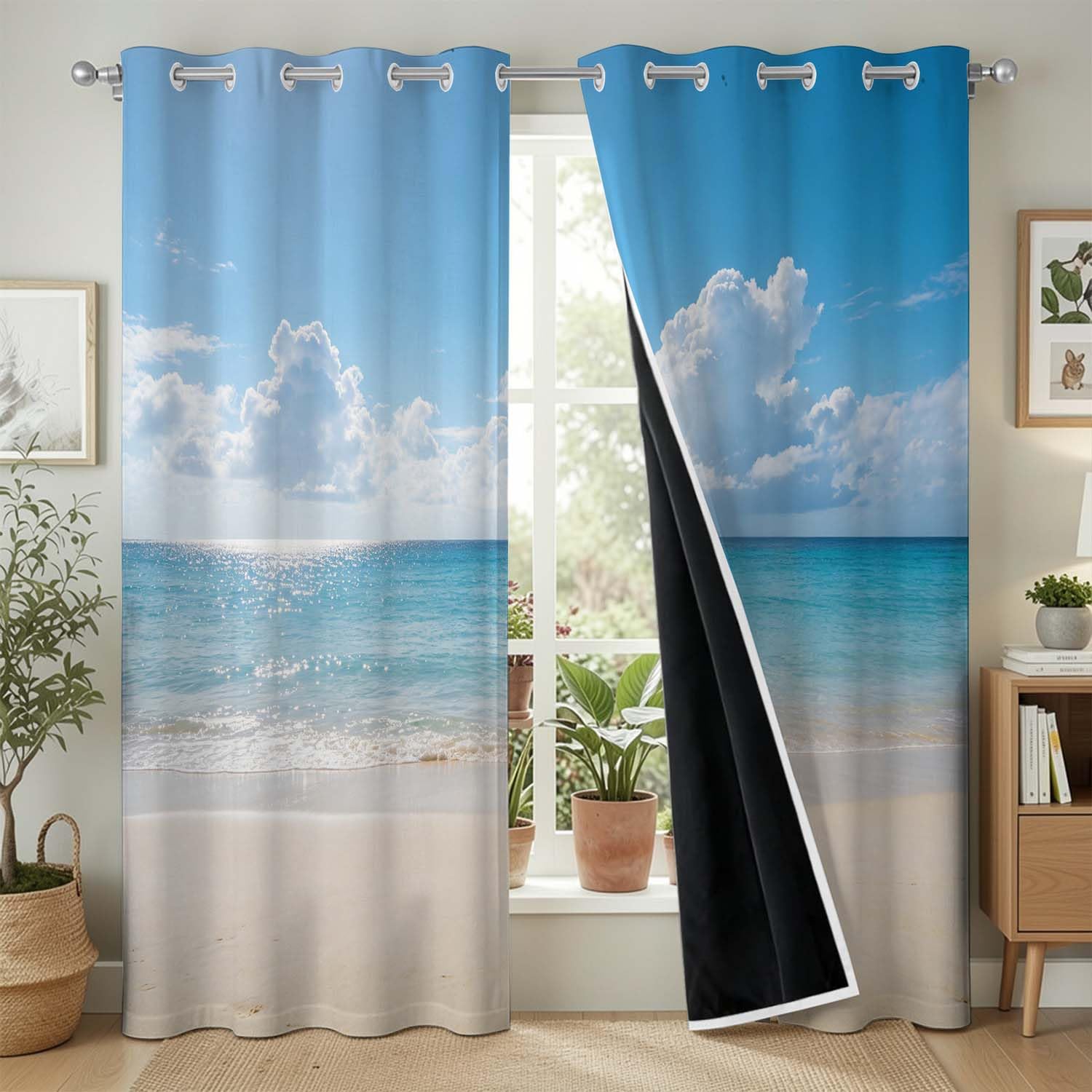 Rideaux Occultants 117x138 cm Lot de 2 à Œillets Plage de Sable Blanc