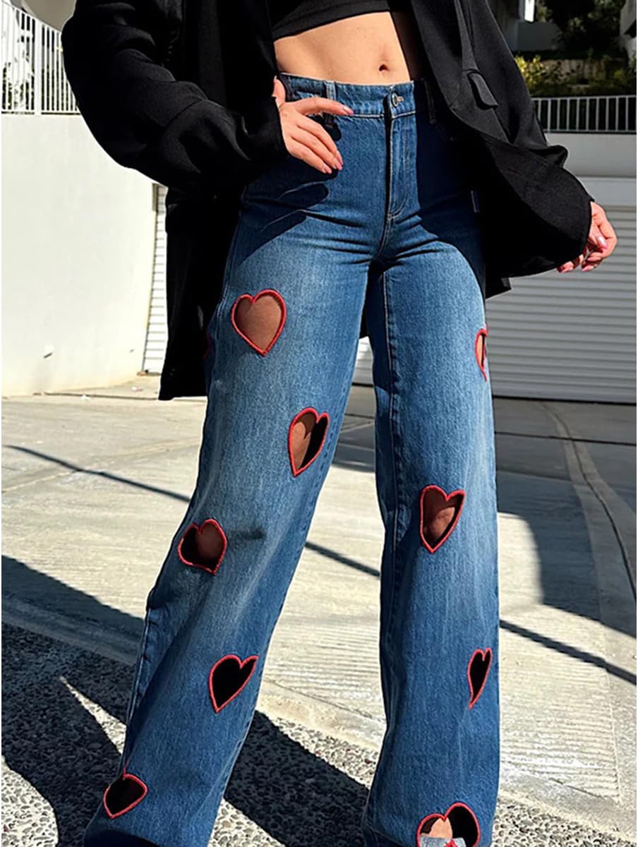 Jeans for Women Y2k Trendy High Waisted Heart Hollow Straight Leg Denim Jeans
