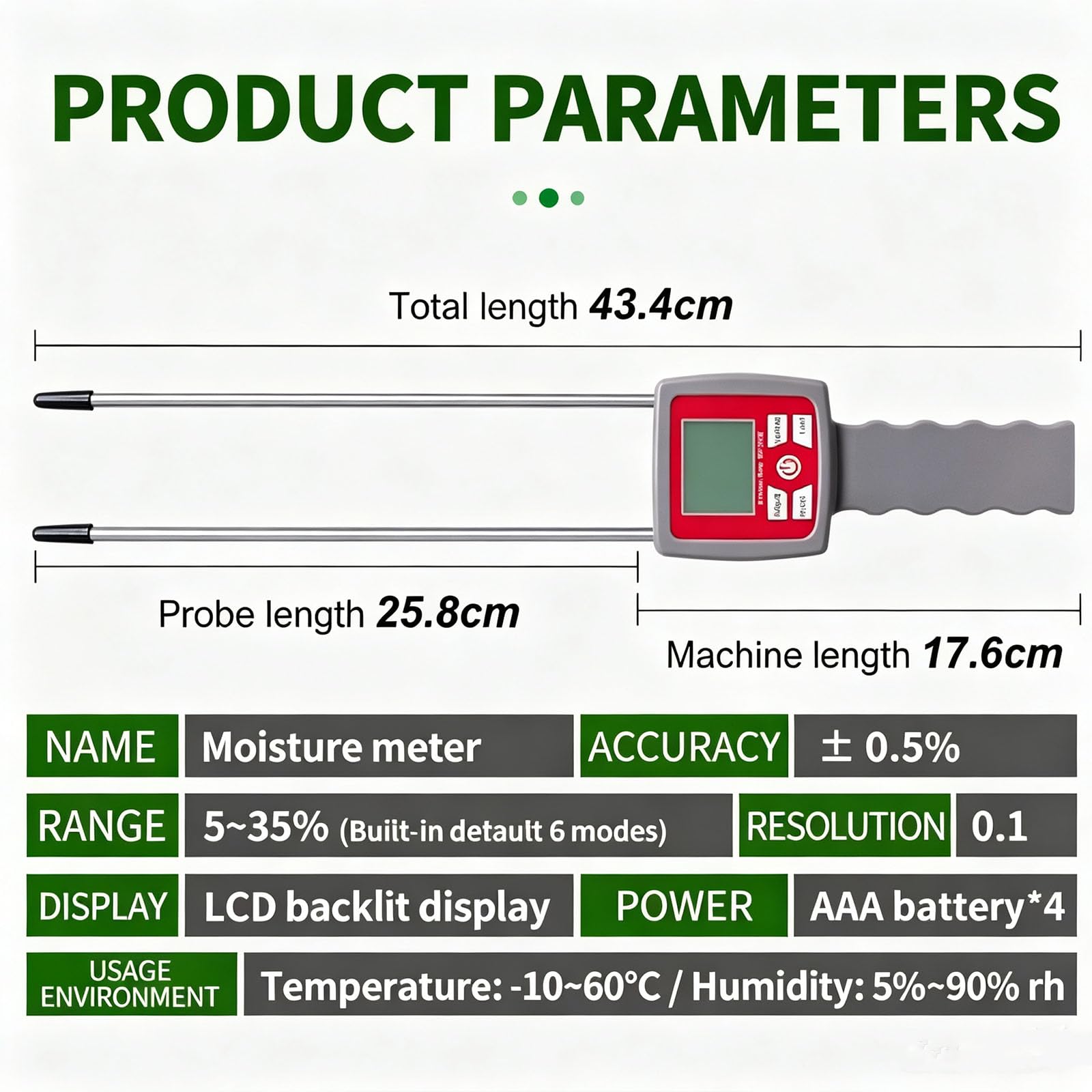 Tester Zawartości Wilgoci, Tester Wilgotności Ziarna Z Czułą Podwójną Sondą I Wyświetlaczem Lcd, Zakres 5~35%, Dokładność: 0,5%, Do Kukurydzy, Pszenicy, Soi, Ryżu I Mąki Pszennej