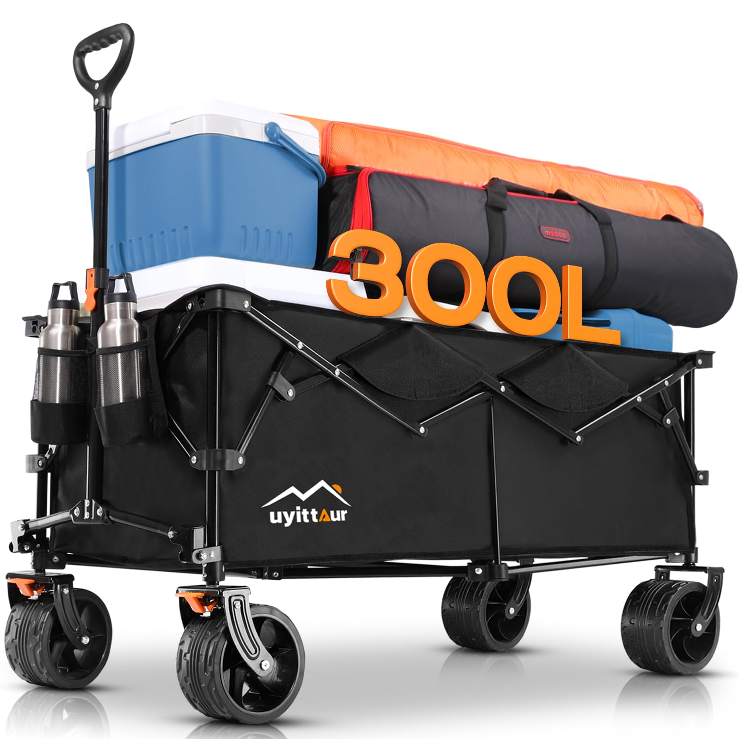 Large Collapsible Extended Beach Wagon Cart 300L, 440lbs Weight Capacity Heavy Duty Foldable Wagon with Big All-Terrain Wheels, Utility Sports Folding Wagon for Camping Outdoor