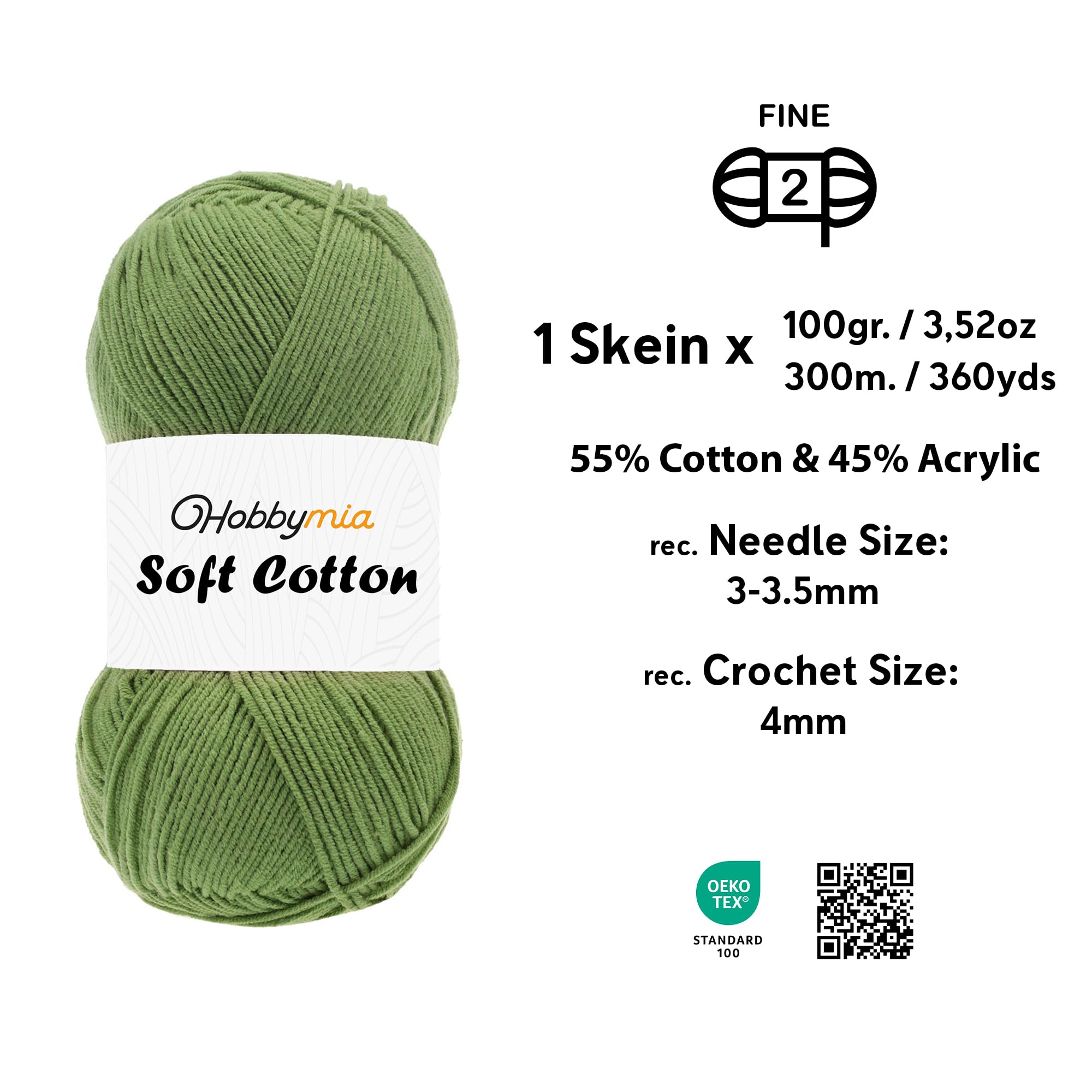 Soft Cotton Blend Crochet Yarn – Sport Weight Yarn for Crochet & Knitting – 100g / 361yds – 55% Cotton 45% Acrylic – Ideal for Amigurumi & Baby Projects (Green - Dry Mint, 1 Skein) - 2