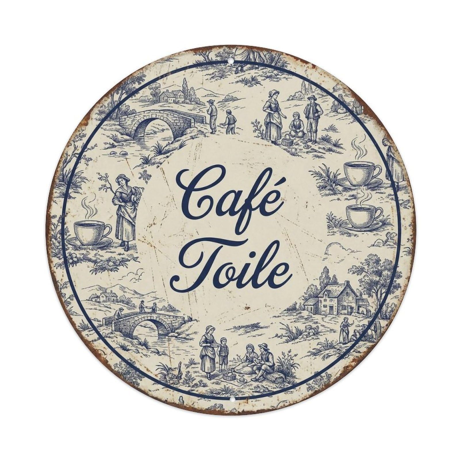 Toile Morning Pastoral Brew Pastry Coffeehouse Vintage Metal Tin Sign Plaque Wall Decor for Cafe, Man Cave, Club Bar, Office, Home Garden Round Metal Poster 8x8Inch
