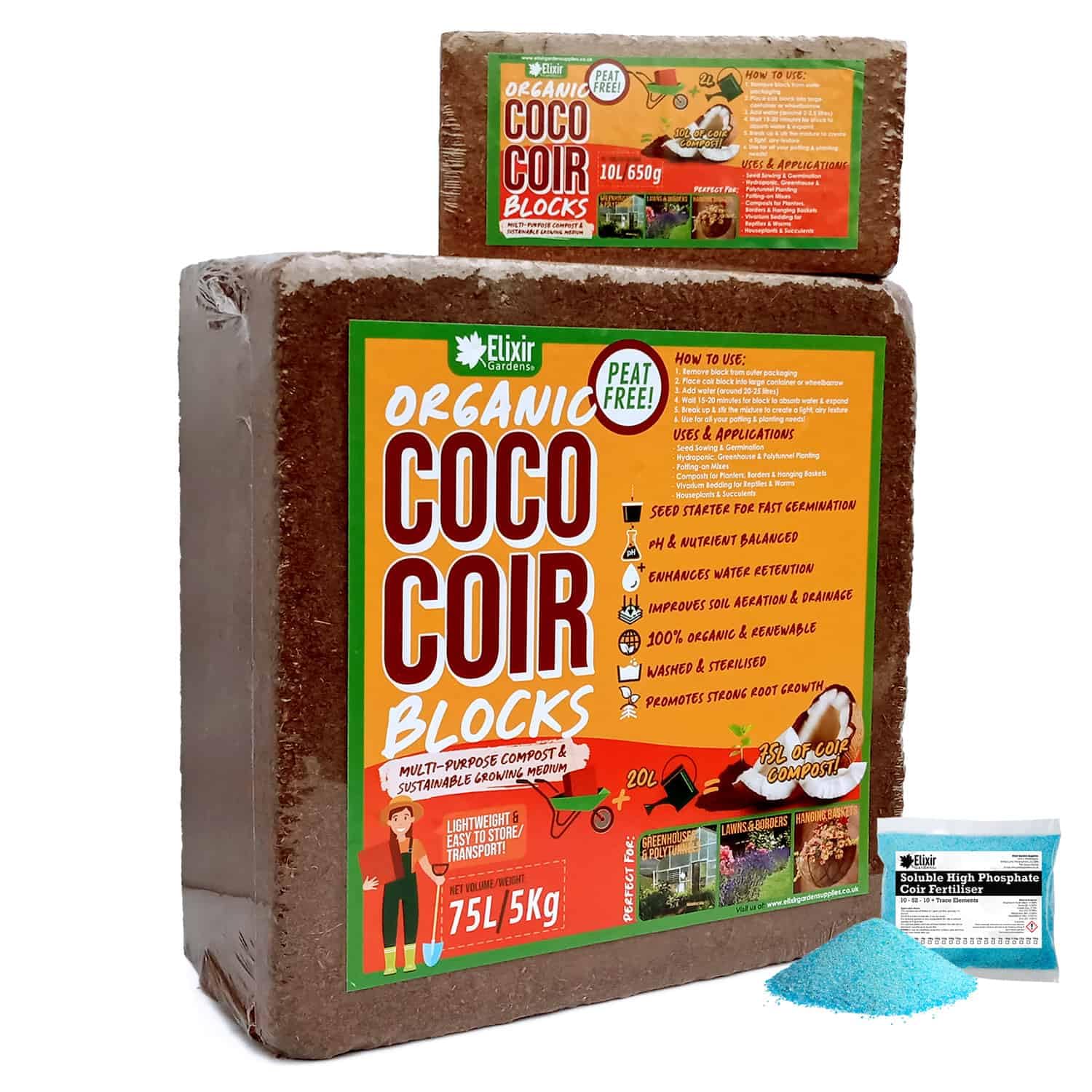 Elixir Gardens 75 Litre x 1 Organic Coco Coir Compost Blocks/Bricks Peat-Free Pre-Washed Compressed | Natural Peat-Free Growing Medium/Potting Soil & Reptile Vivarium Bedding
