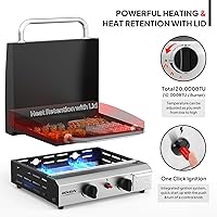 Vista 2 de ROVSUN 2 Burner Portable Propane Griddle with Enameled Tray & Lid, 20,000 BTU Tabletop Flat Top Gas Grill with Electronic Ignition & Regulator for