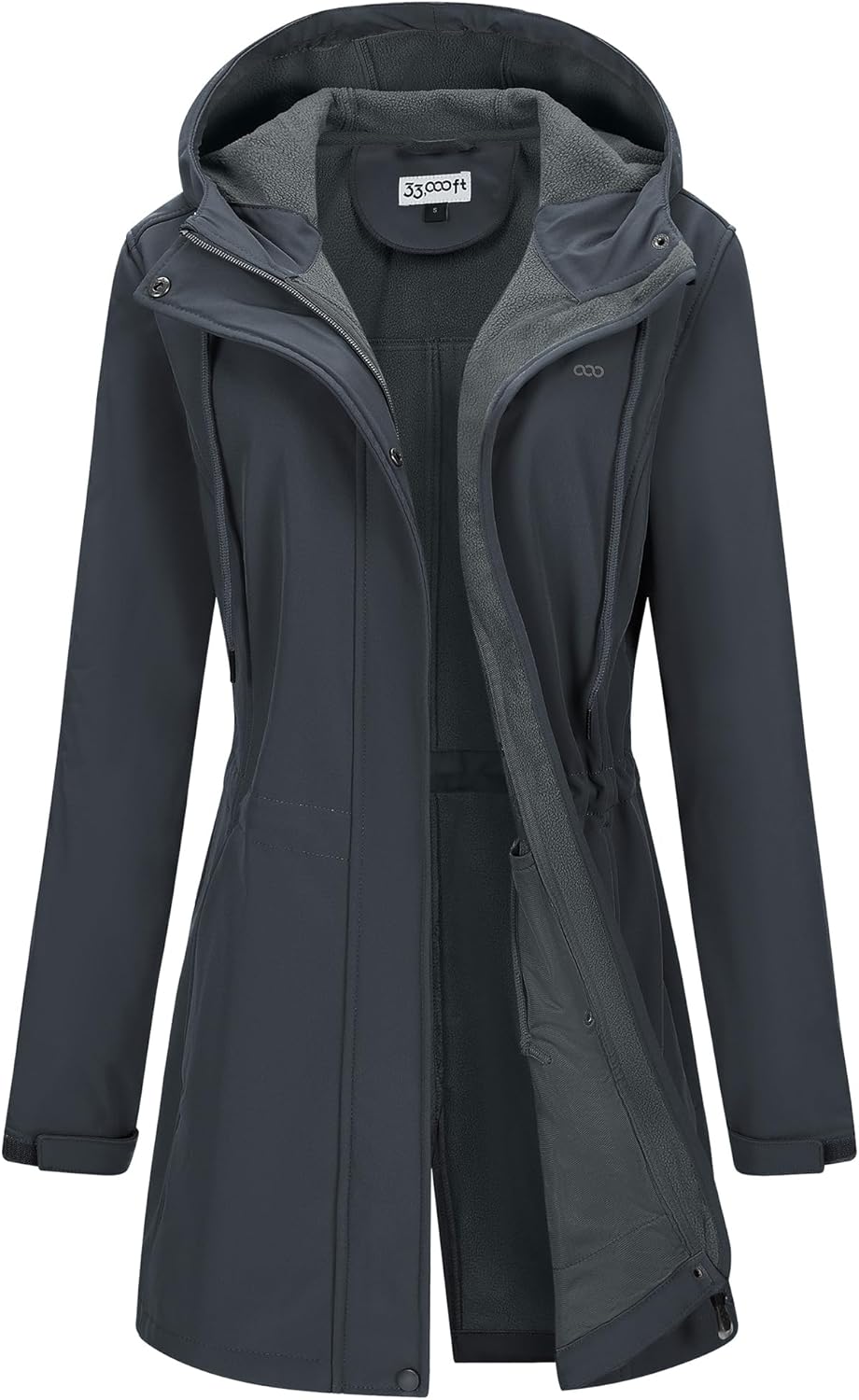 33,000ft Women's Softshell Long Jacket with Hood Fleece Lined Windproof Warm up Waterproof Windbreaker