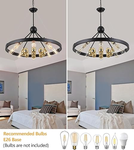 Miniatura 7 de Q&S Candelabro de rueda de vagón negro y dorado, 8 luces modernas de granja, círculo redondo, huevos dorados, accesorios de luz para comedor, sala