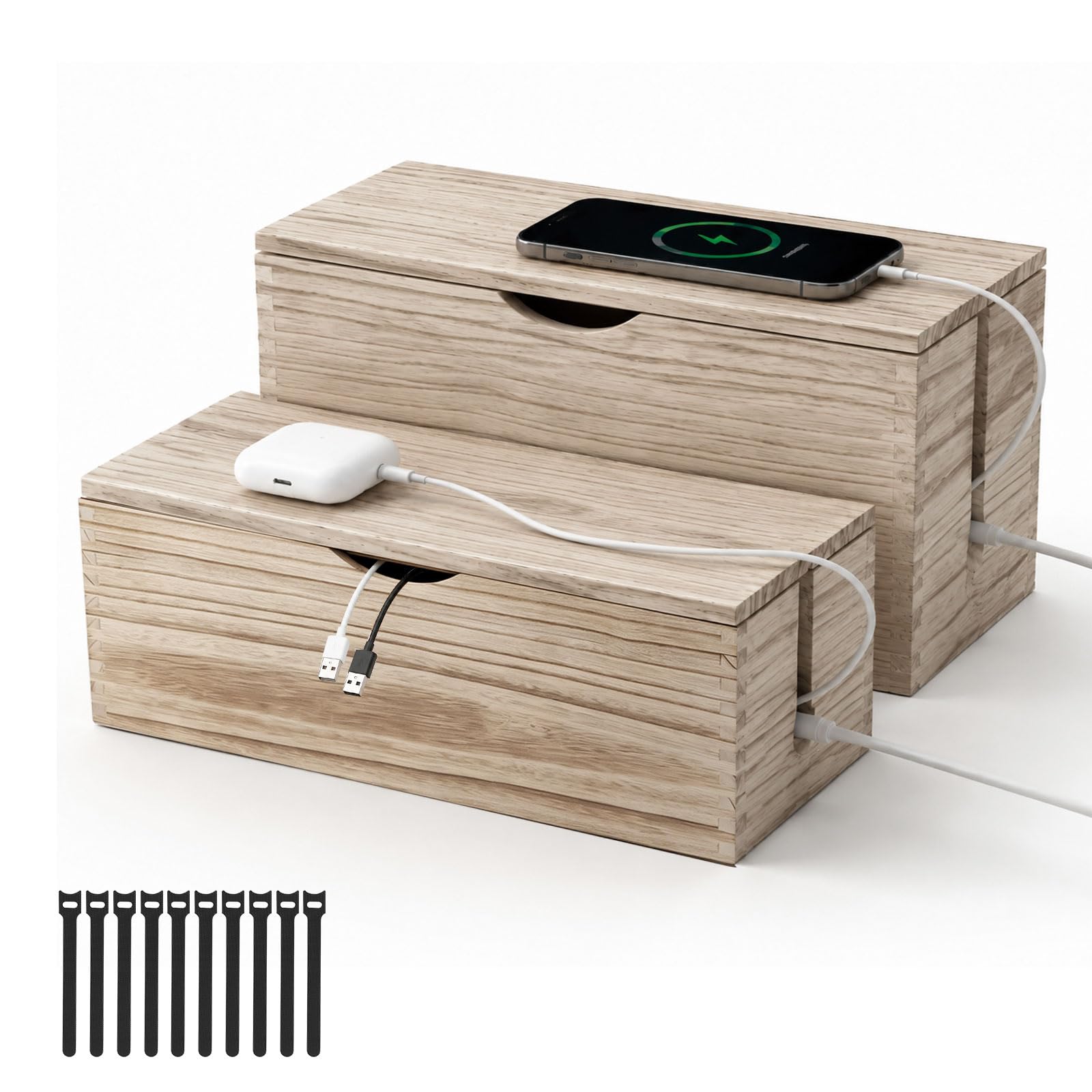 2 PCS Scatola Porta Cavi Legno, Nascondi Cavi Scrivania, Cable Management Box With Lid, Organizer Cavi Elettrici, Grande e Piccola, con Fascette, Marrone, per Ufficio e la Casa