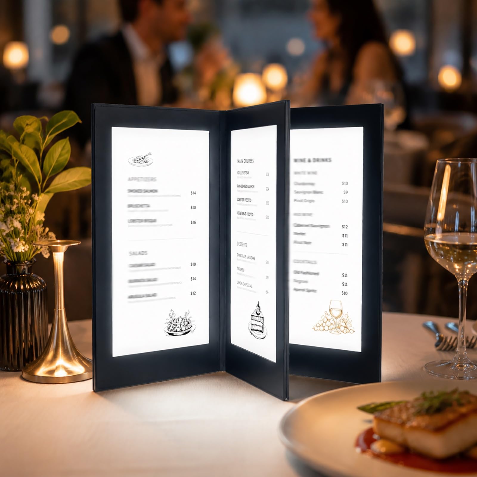 Portamenús LED, tamaño A4/A5, recargable, retroiluminado y con hojas | Piel sintética, hojas recargables, luz blanca, plegable para restaurantes, bares, cafeterías, establecimiento(4pages,A5)