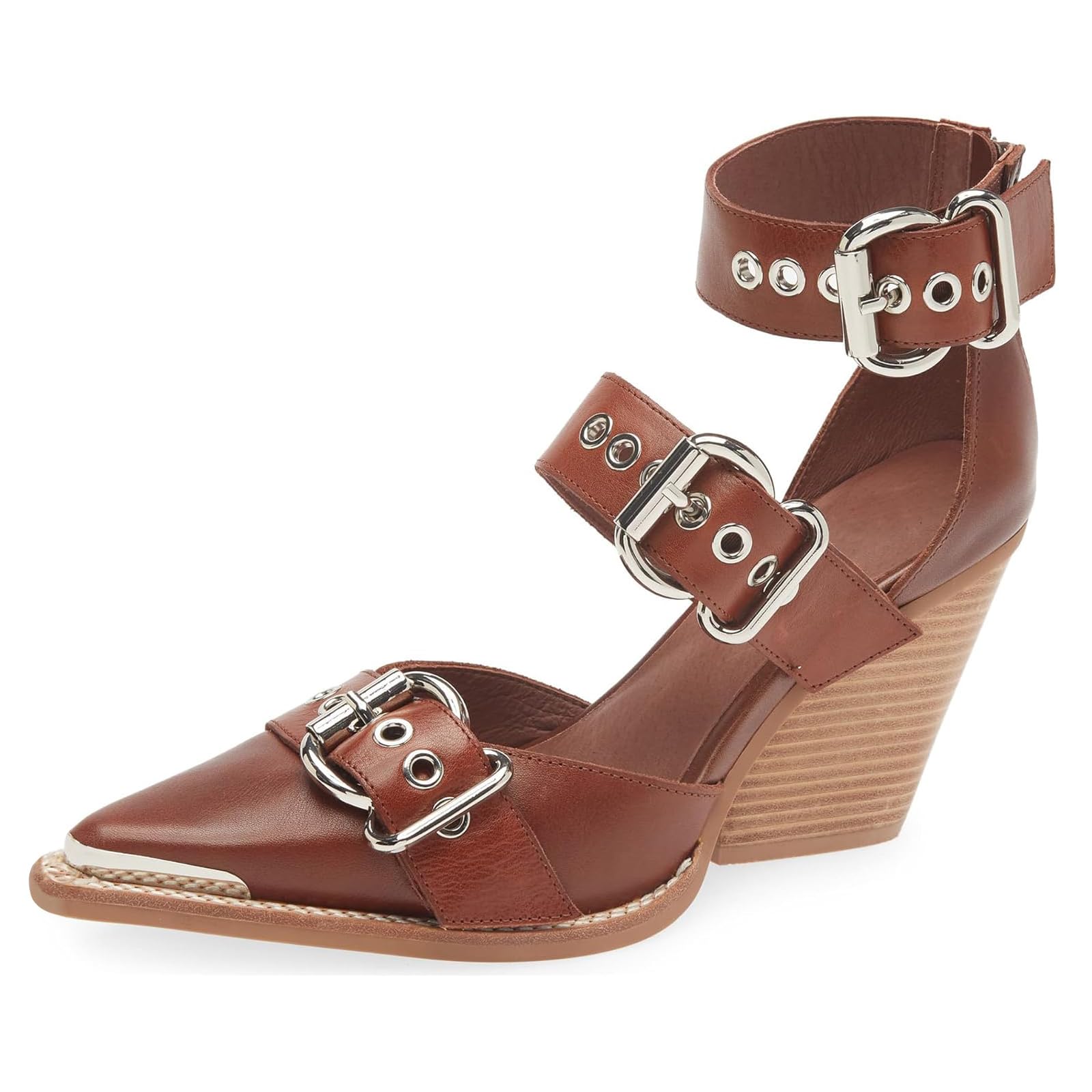 MAVMAX Strappy Heels Western Sandals for Women Chunky Heel Pumps Thick Closed Pointed Toe Heels Metal Buckle Strappy Shoes