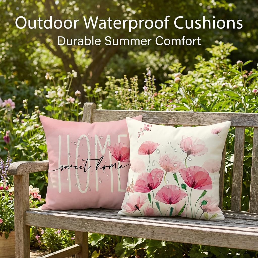 Wasserdichter Outdoor Kissenbezug 40x40, 2er Set Garten Balkon, Doppelseitig Rosa Blumen Design, Modern Dekokissen Leinen-Polyester Mix, Sommerfest für Garten Sofa Couch Wohnzimmer Schlafzimmer - 5
