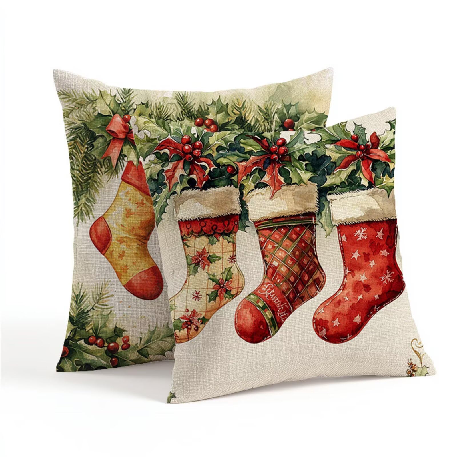 Cuscini per Divano rosso Federe Cuscini Divano Calze Natale Copricuscini 60x60cm 2 Pezzi Impermeabili Lino Federe Cuscino Letto, Stampa Fronte-Retro per Soggiorno Letto Camera Giardino Sedia 1Z-316