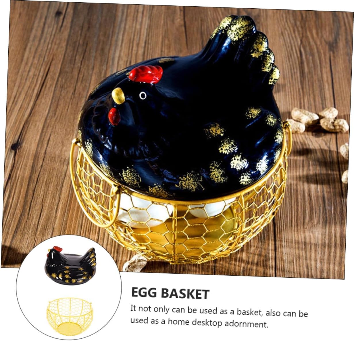 Rustic Metal Egg Basket with Lid, Black Iron Wire Food Storage Container and Golden Decorative Kitchen Egg Holder for Countertop Organization