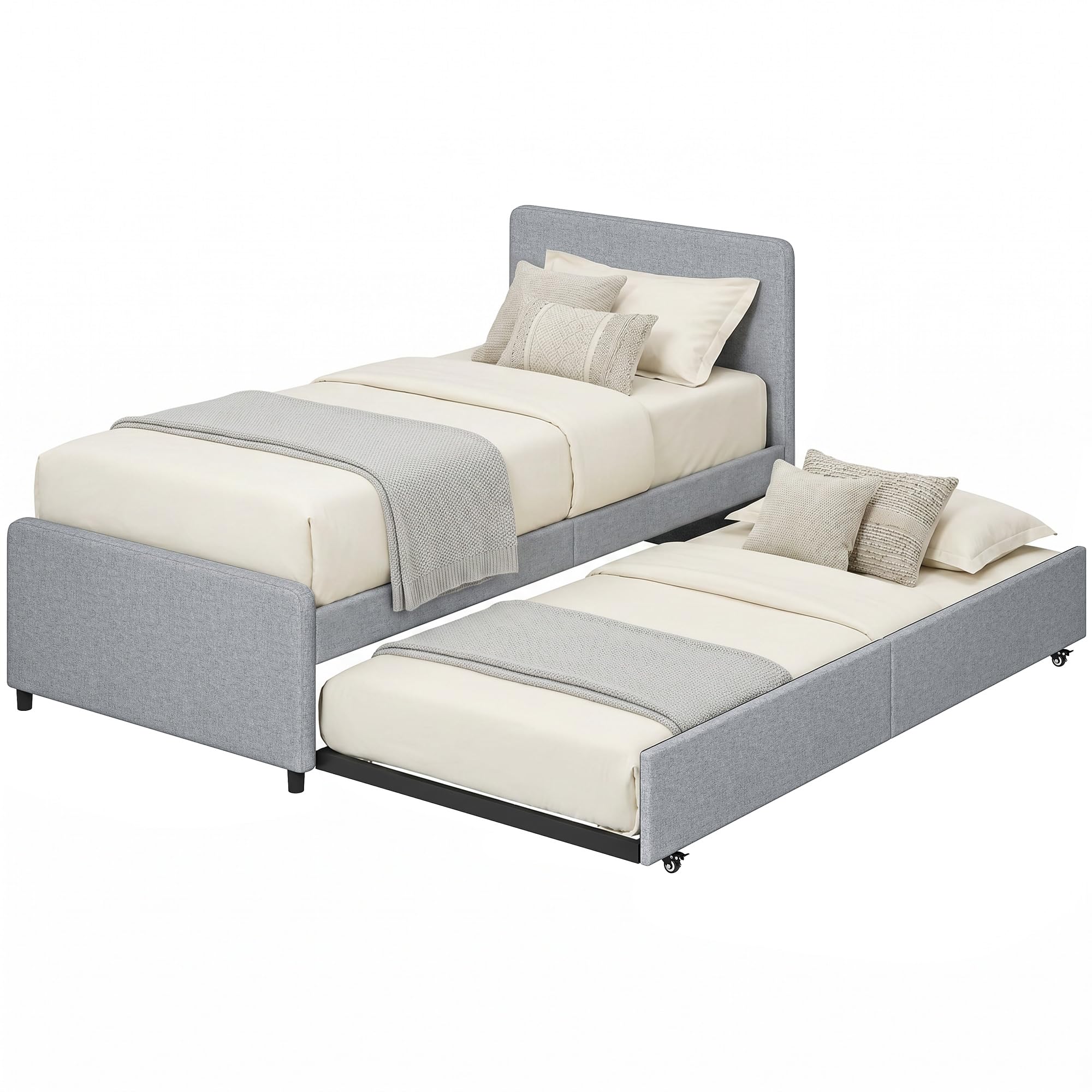 HOMCOM Cama Nido Individual 90x190 cm con Cabecero y Piecero Gris Claro | Estructura de Cama Tapizada en Lino, Listones de Madera, Sin Colchón