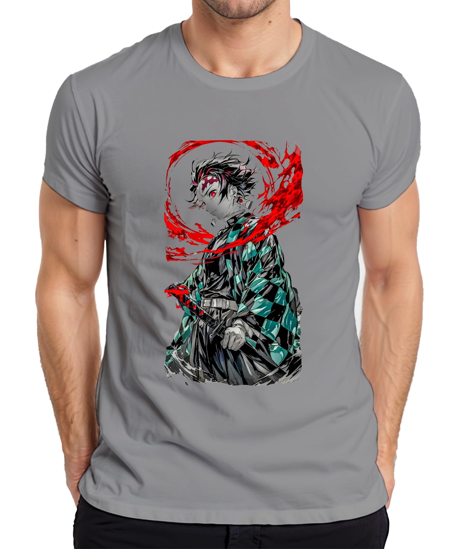 Printera Men's Gray Tanjiro Kamado Demon Slayer Anime Sword Blood Manga Gift T-Shirt, S