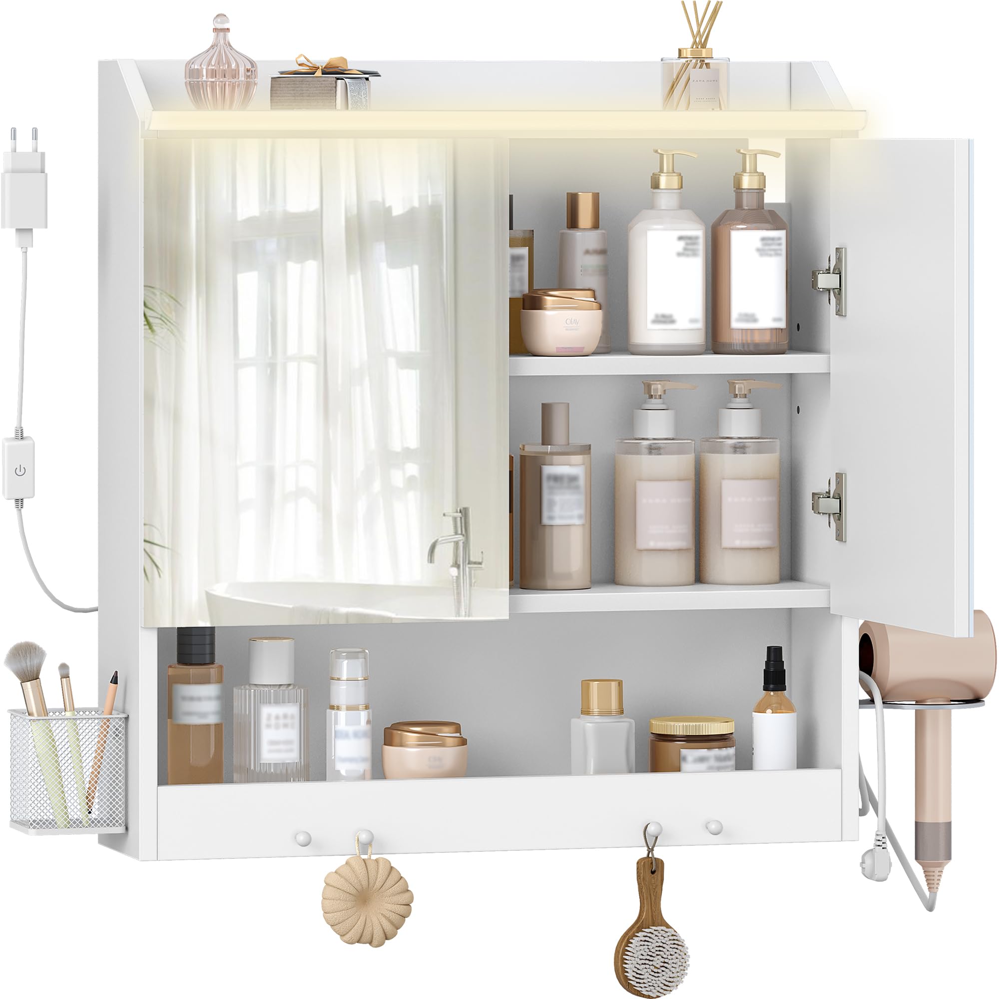 HEXCELEN 60 cm Spiegelschrank Bad, Badezimmerschrank mit Spiegel, Haken